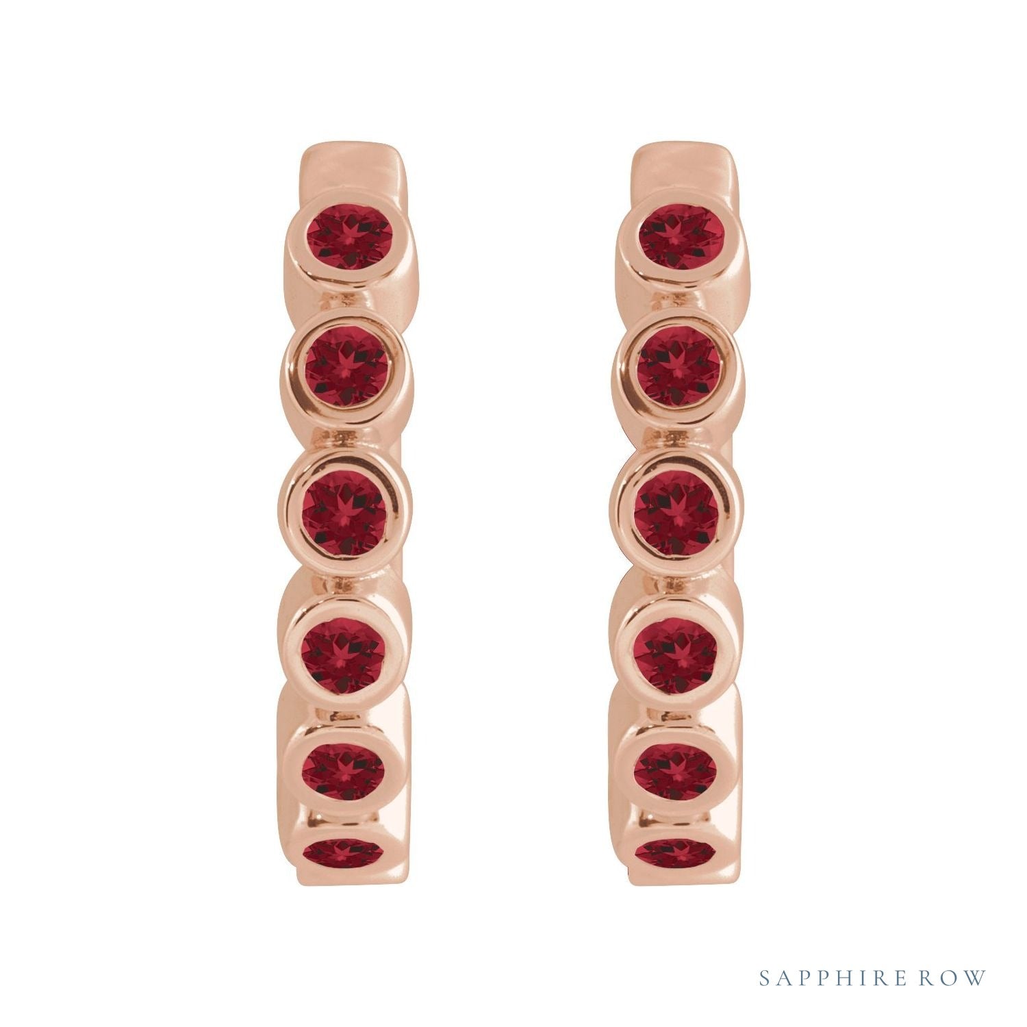 Sapphire Row Natural Gemstone Bezel Huggie Earrings - Mozambique Garnet, 14K Rose Gold, 15 mm (view 2)