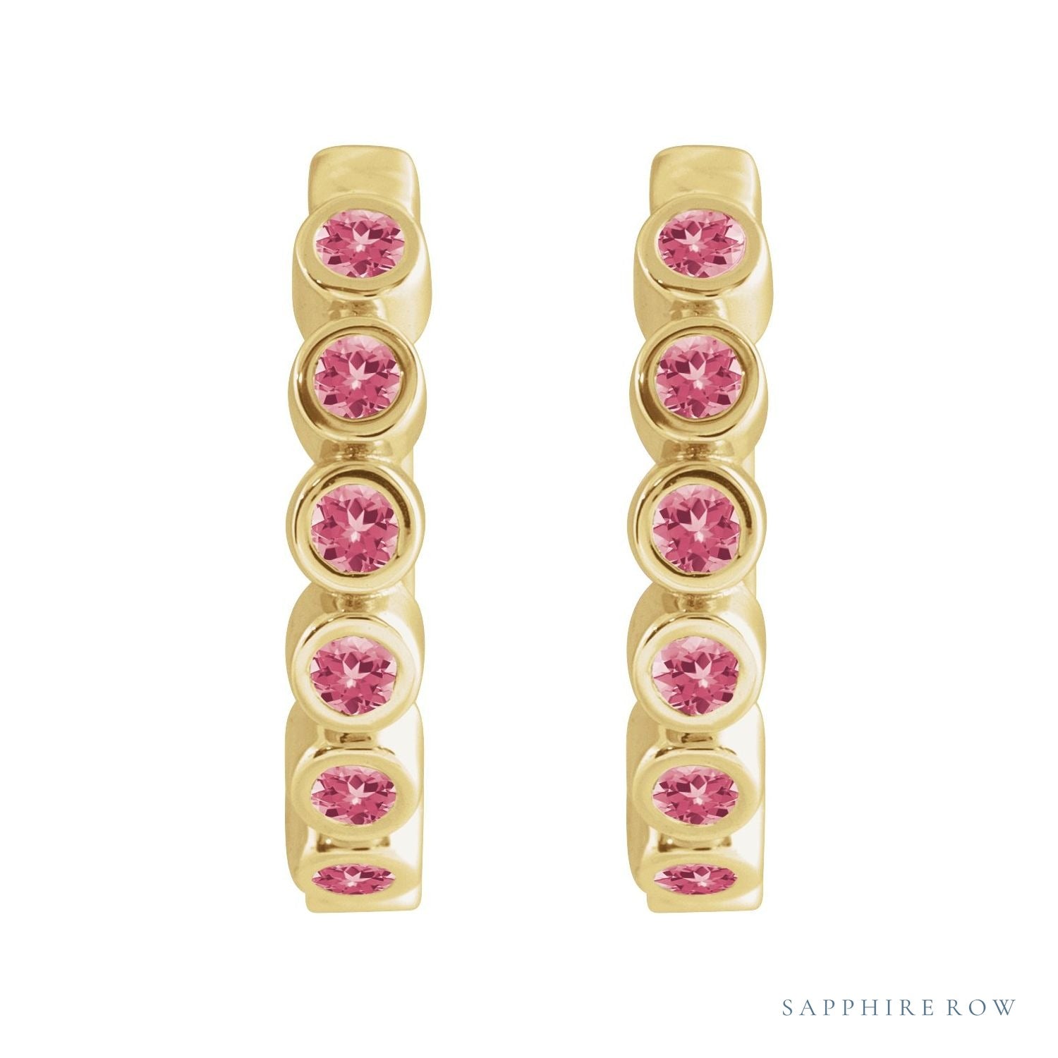 Sapphire Row Natural Gemstone Bezel Huggie Earrings - Pink Tourmaline, 14K Yellow Gold, 15 mm (view 2)