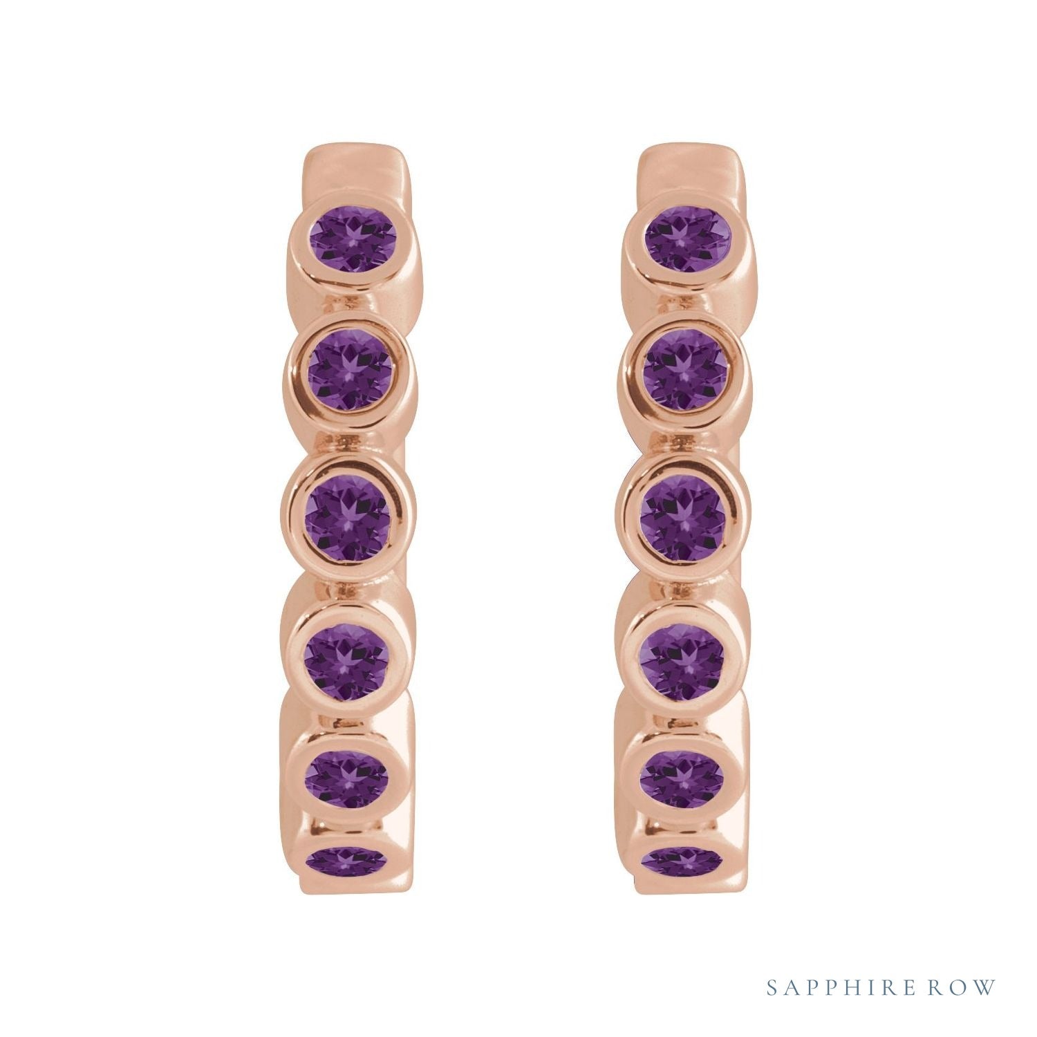 Sapphire Row Natural Gemstone Bezel Huggie Earrings - Amethyst, 14K Rose Gold, 15 mm (view 2)