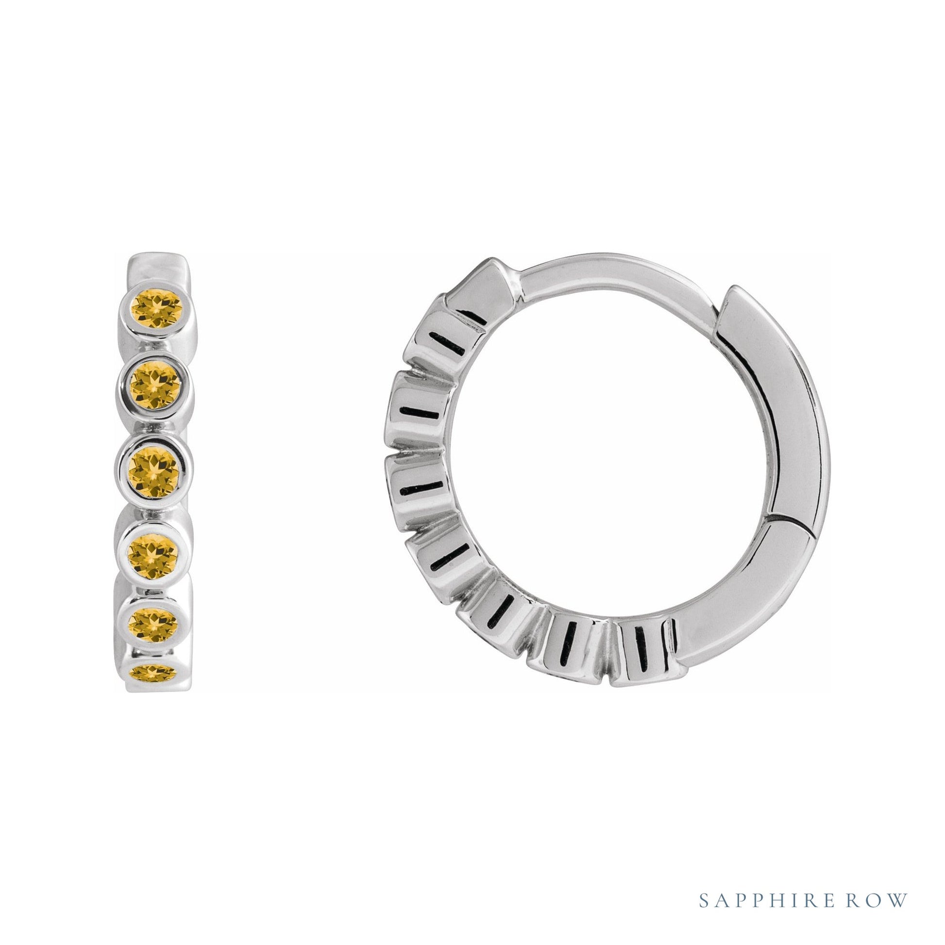 Sapphire Row Natural Gemstone Bezel Huggie Earrings - Citrine, 14K White Gold, 15 mm
