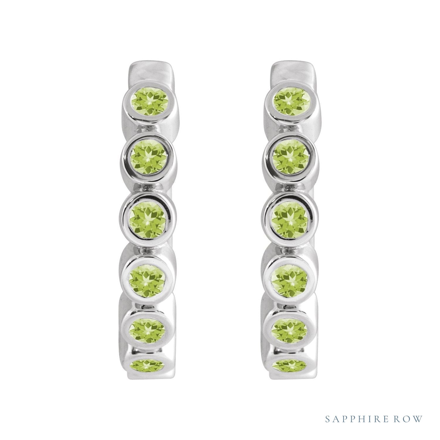Sapphire Row Natural Gemstone Bezel Huggie Earrings - Peridot, 14K White Gold, 15 mm (view 2)