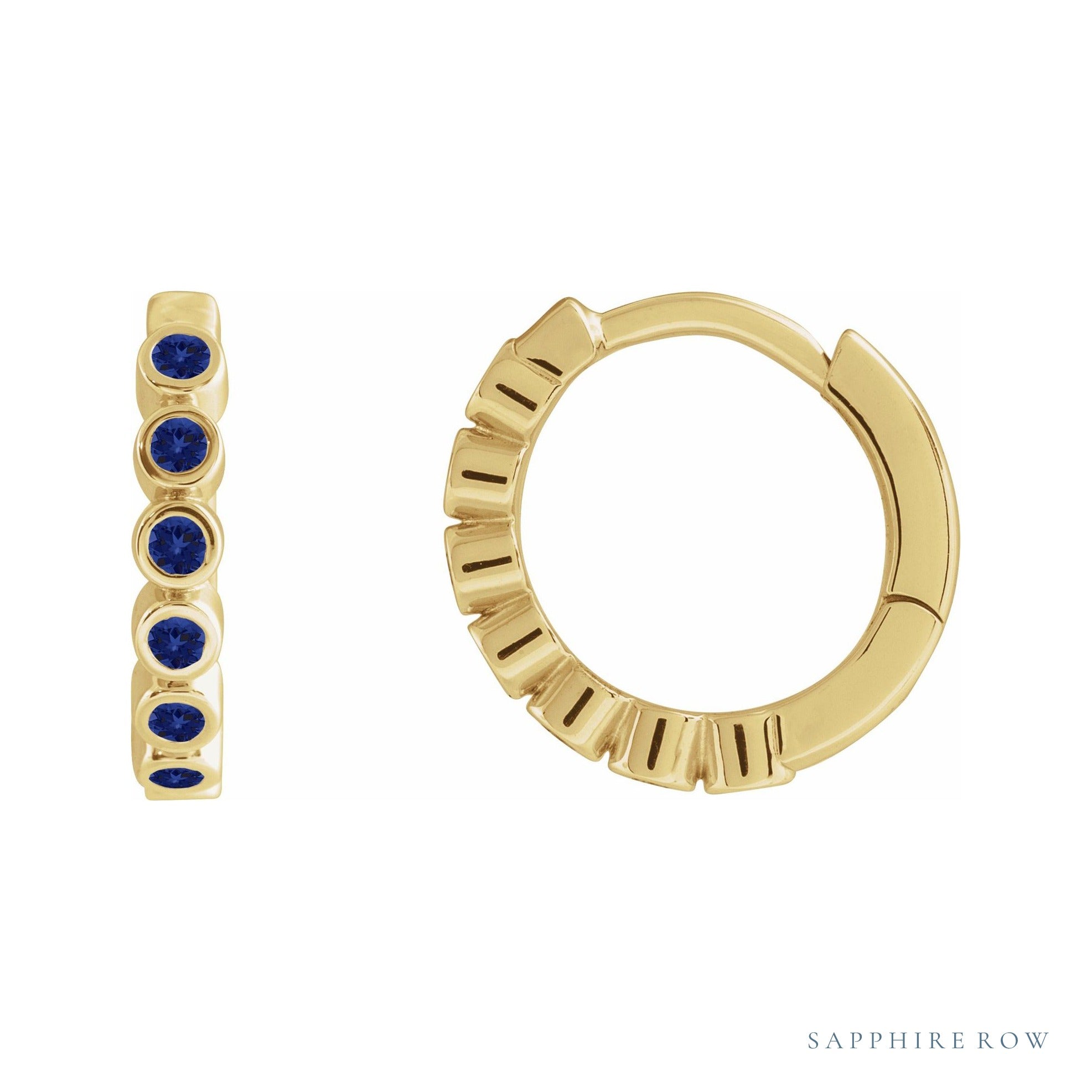 Sapphire Row Natural Gemstone Bezel Huggie Earrings - Blue Sapphire, 14K Yellow Gold, 15 mm