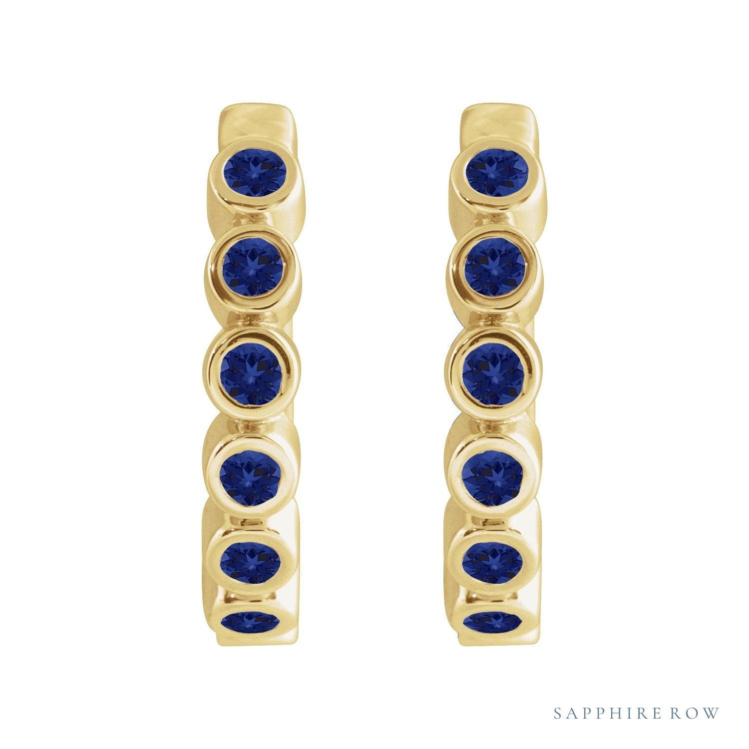 Sapphire Row Natural Gemstone Bezel Huggie Earrings - Blue Sapphire, 14K Yellow Gold, 15 mm (view 2)