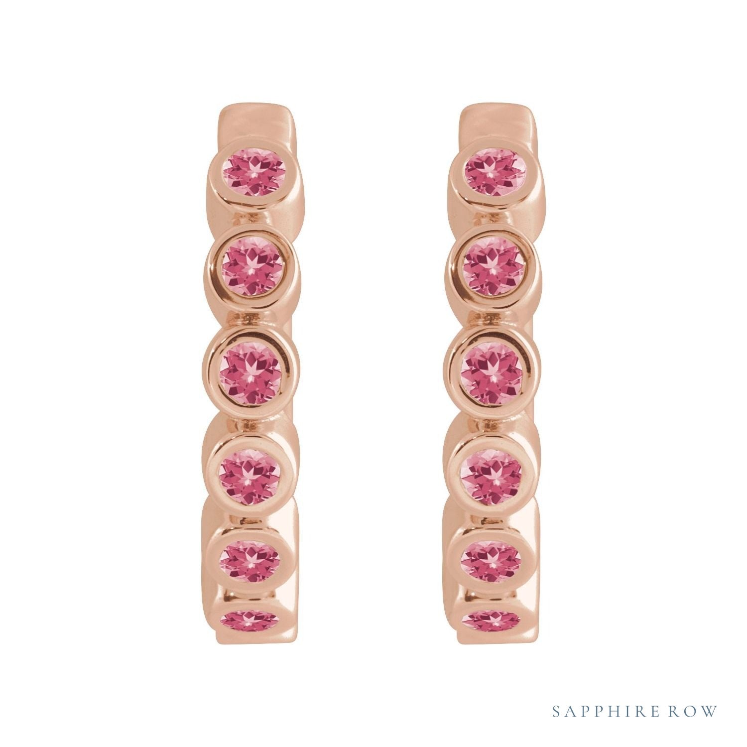Sapphire Row Natural Gemstone Bezel Huggie Earrings - Pink Tourmaline, 14K Rose Gold, 15 mm (view 2)