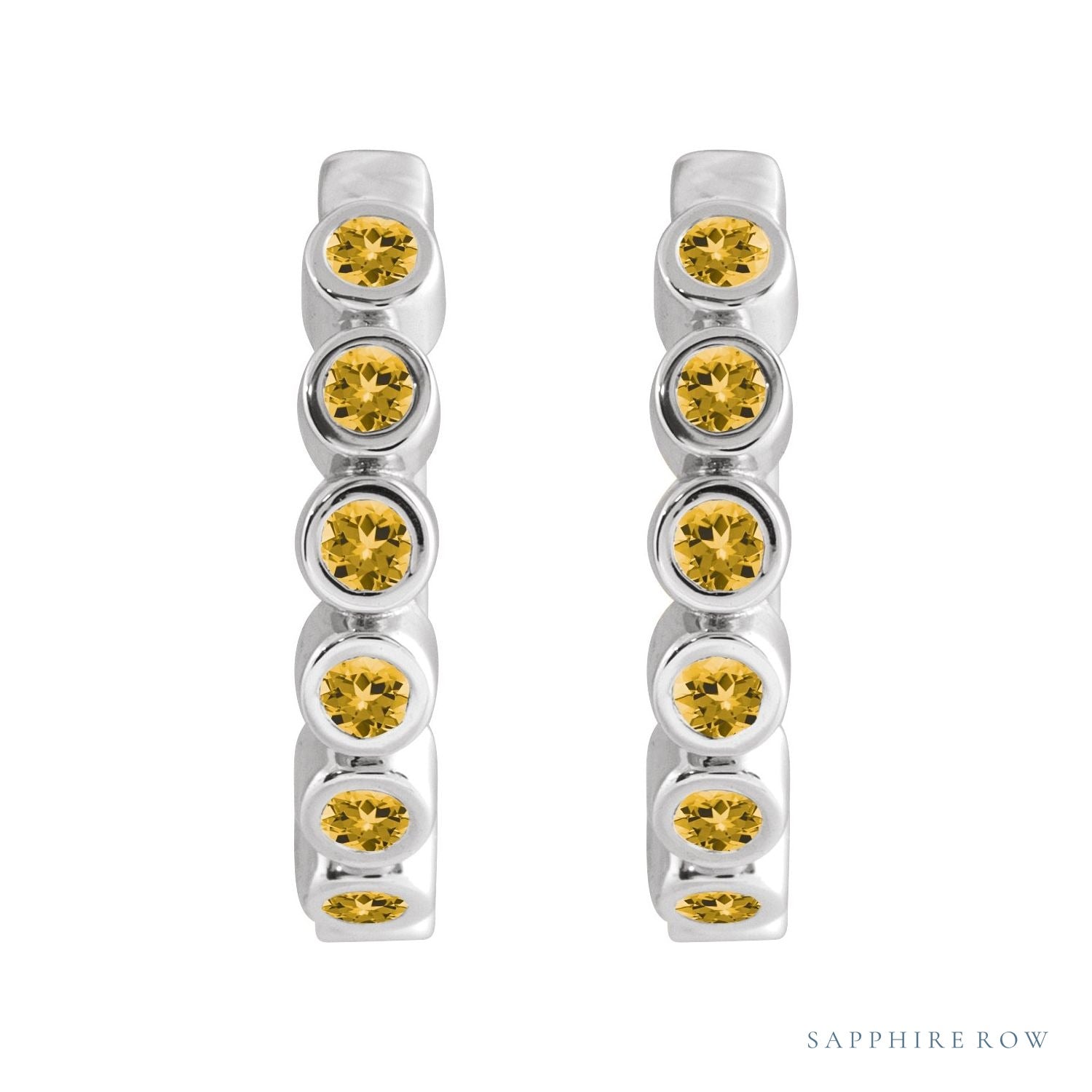 Sapphire Row Natural Gemstone Bezel Huggie Earrings - Citrine, Platinum, 15 mm (view 2)