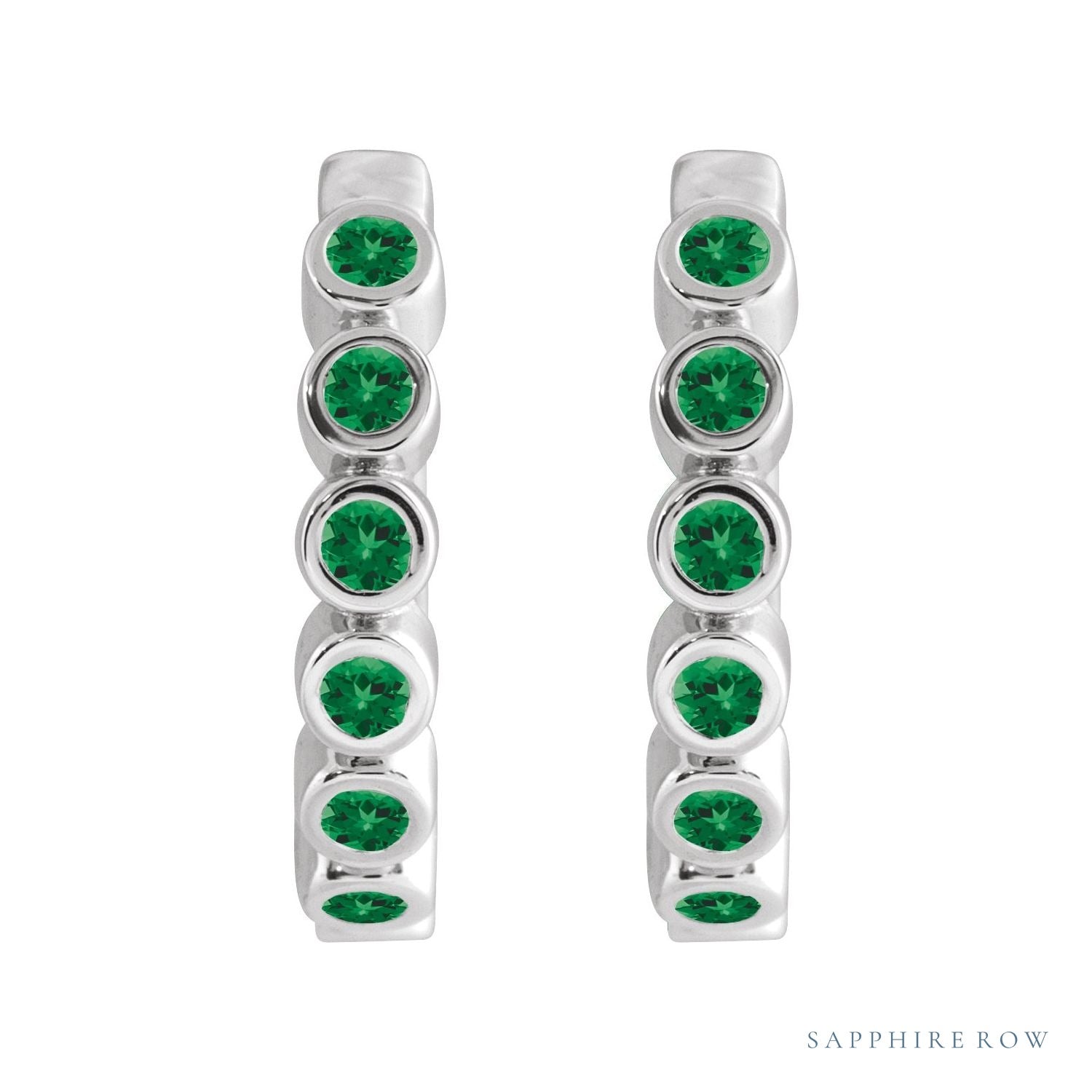 Sapphire Row Natural Gemstone Bezel Huggie Earrings - Emerald, Platinum, 15 mm (view 2)
