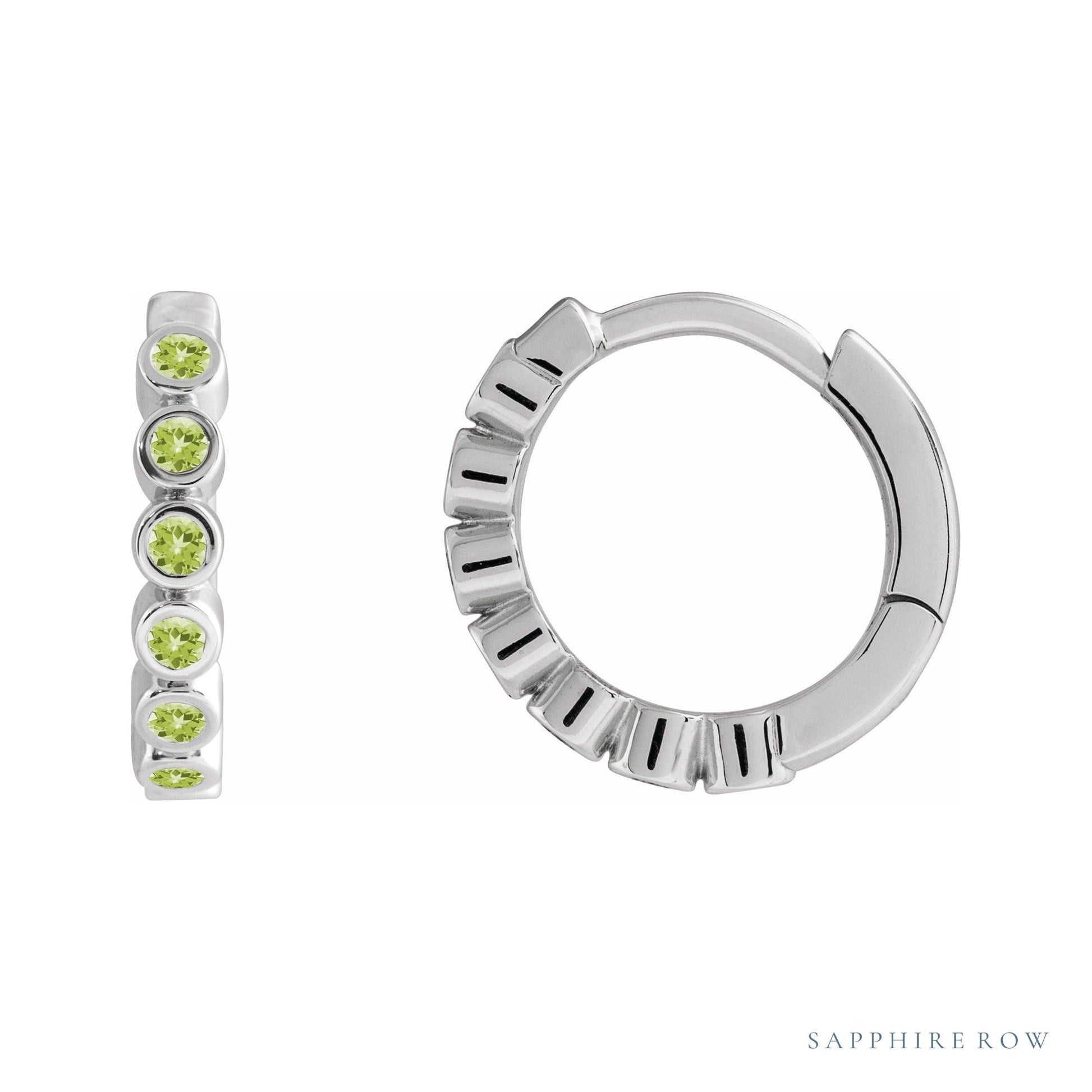Sapphire Row Natural Gemstone Bezel Huggie Earrings - Peridot, Platinum, 15 mm