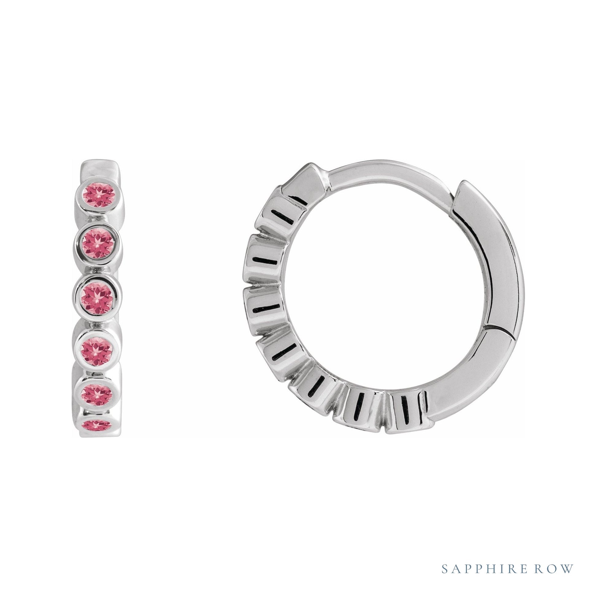 Sapphire Row Natural Gemstone Bezel Huggie Earrings - Pink Tourmaline, 14K White Gold, 15 mm