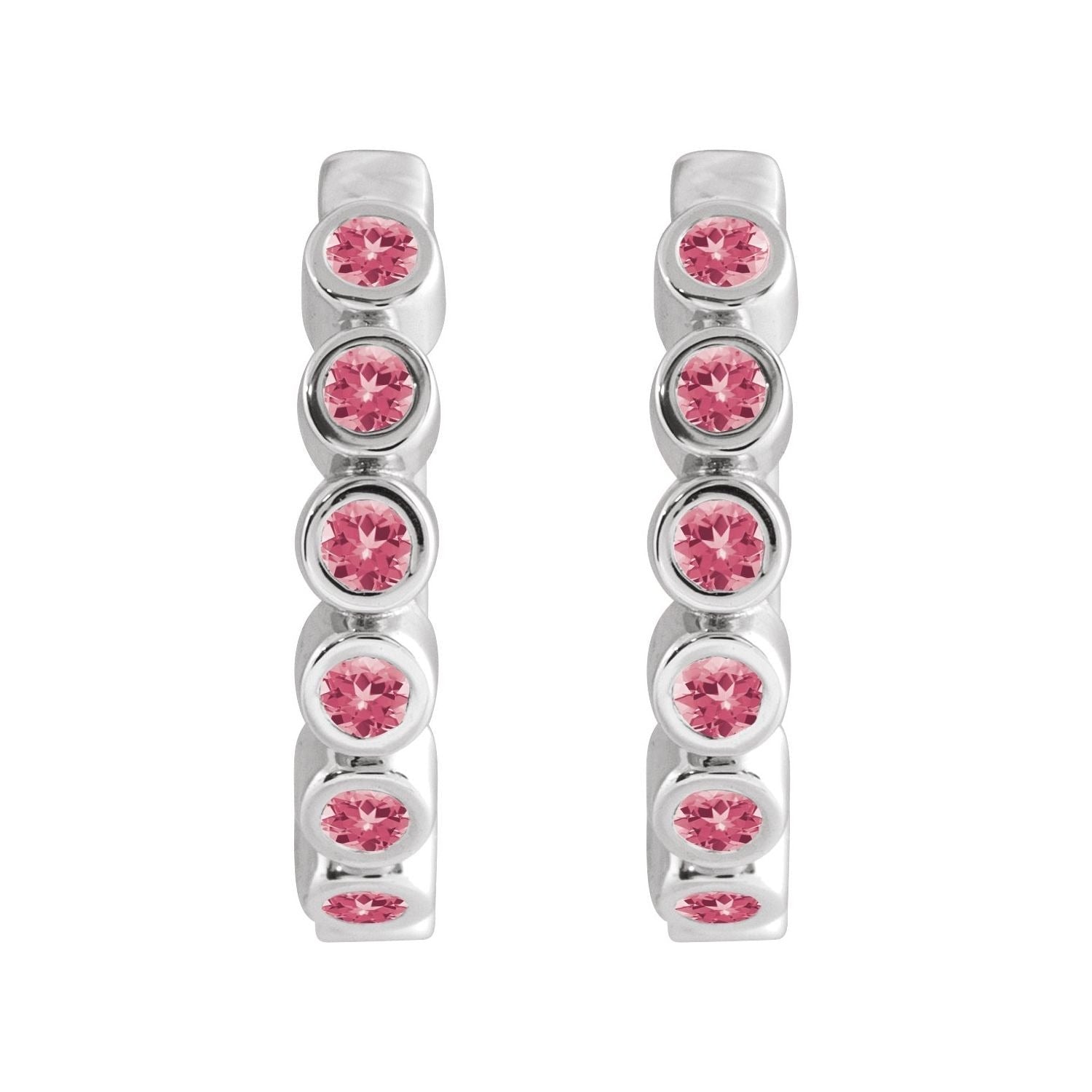 Sapphire Row Natural Gemstone Bezel Huggie Earrings - Pink Tourmaline, 14K White Gold, 15 mm (view 2)