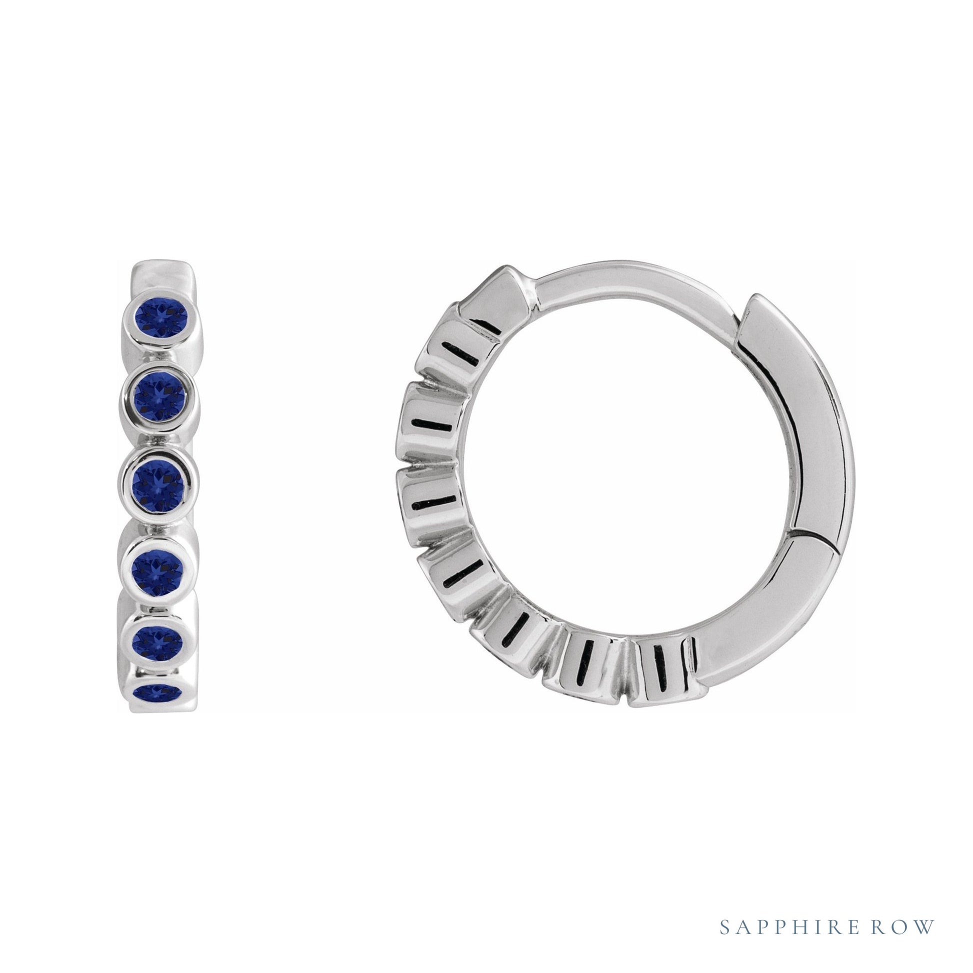 Sapphire Row Natural Gemstone Bezel Huggie Earrings - Blue Sapphire, 14K White Gold, 15 mm