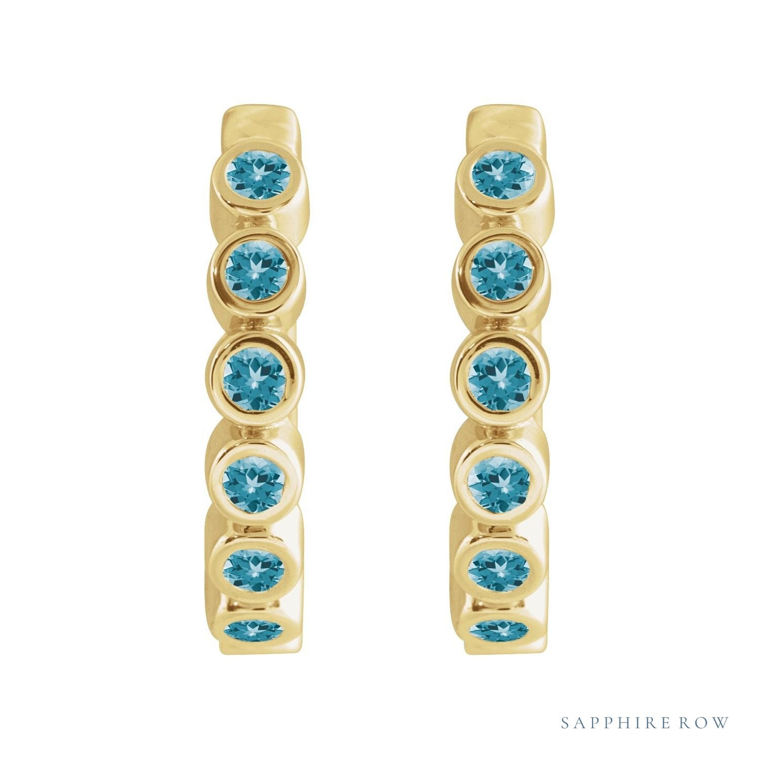 Sapphire Row Natural Gemstone Bezel Huggie Earrings - Blue Zircon, 14K Yellow Gold, 15 mm (view 2)