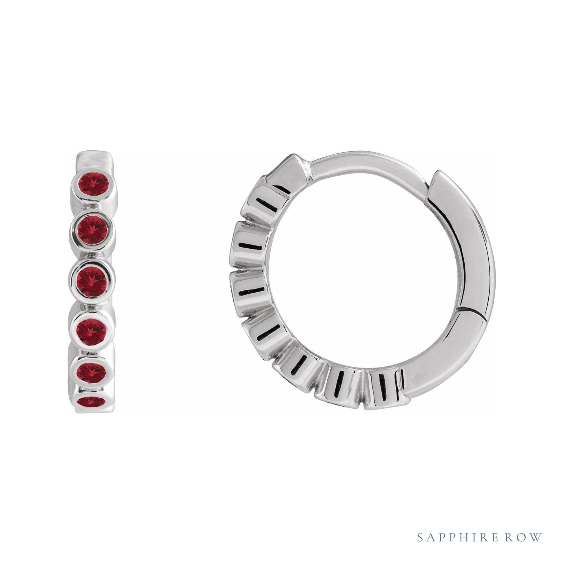 Sapphire Row Natural Gemstone Bezel Huggie Earrings - Mozambique Garnet, 14K White Gold, 15 mm