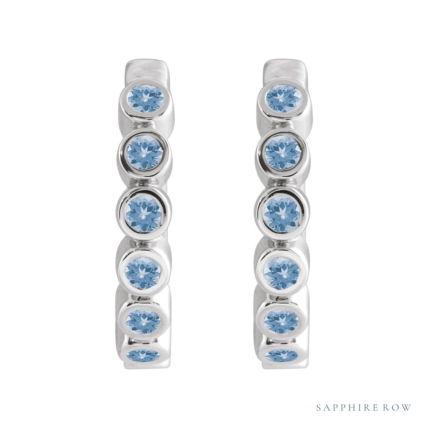 Sapphire Row Natural Gemstone Bezel Huggie Earrings - Aquamarine, Platinum, 15 mm (view 2)