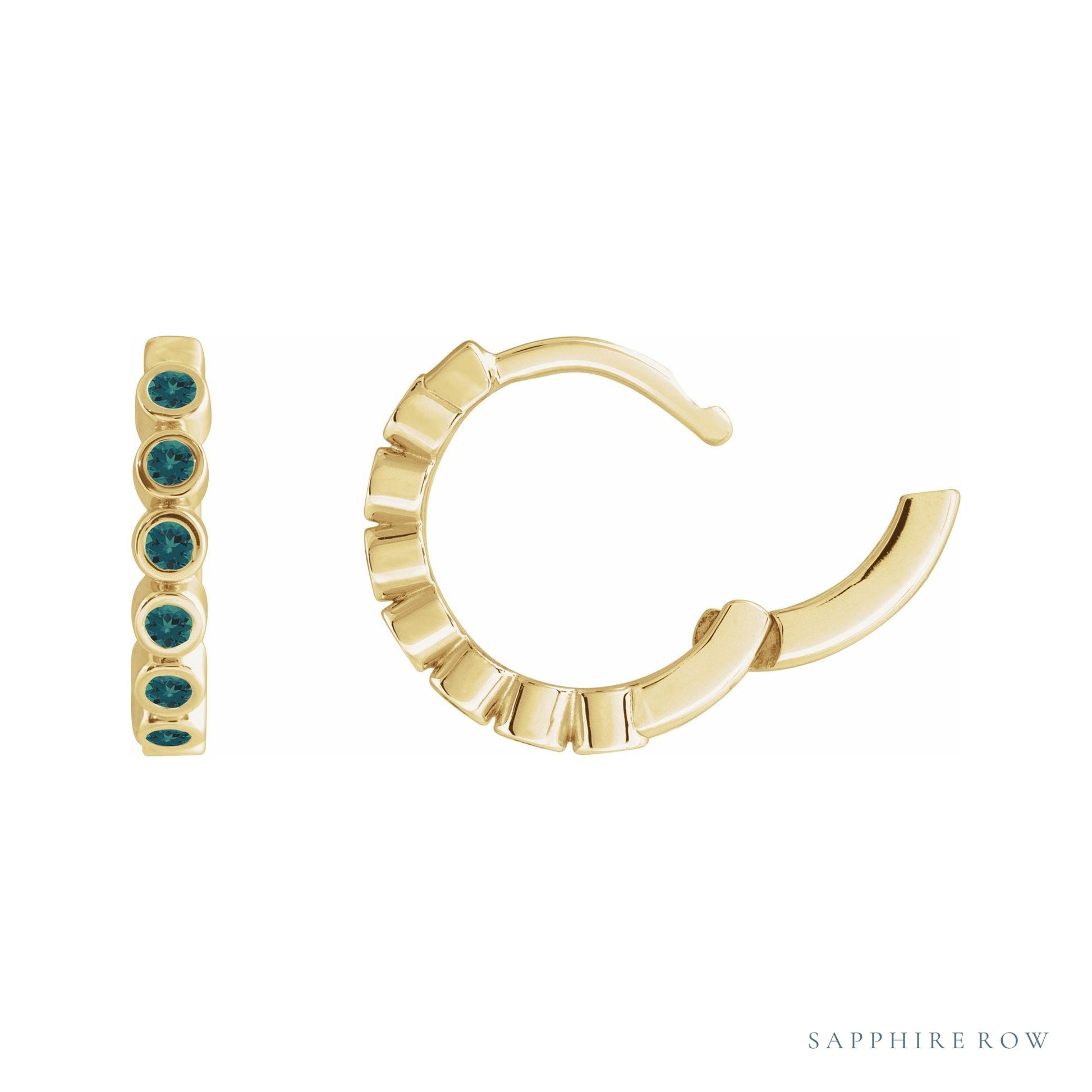 Sapphire Row Lab-Grown Gemstone Bezel Huggie Earrings - Alexandrite, 14K Rose Gold, 18 mm (view 3)