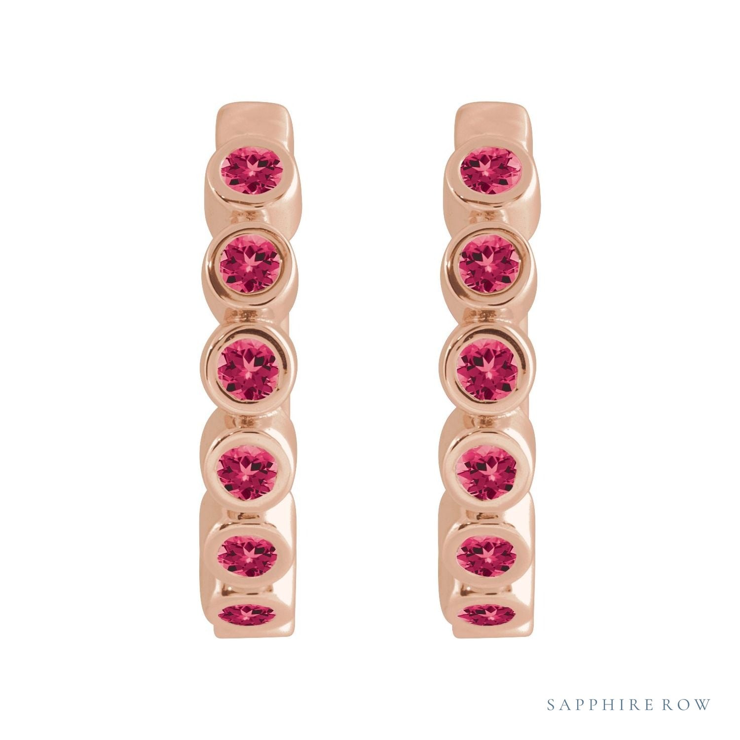 Sapphire Row Lab-Grown Gemstone Bezel Huggie Earrings - Ruby, 14K Rose Gold, 15 mm (view 2)
