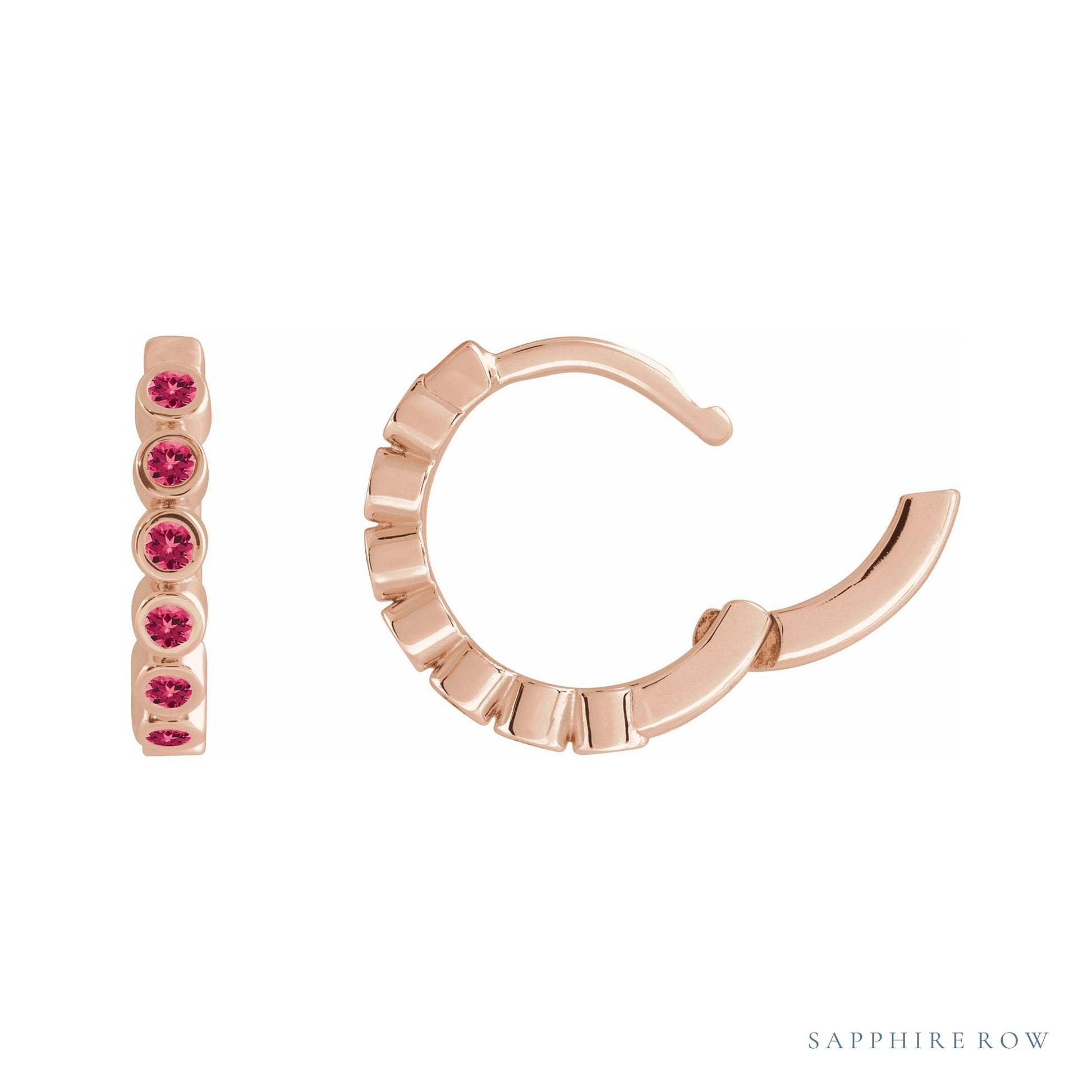 Sapphire Row Lab-Grown Gemstone Bezel Huggie Earrings - Ruby, 14K Rose Gold, 15 mm (view 3)