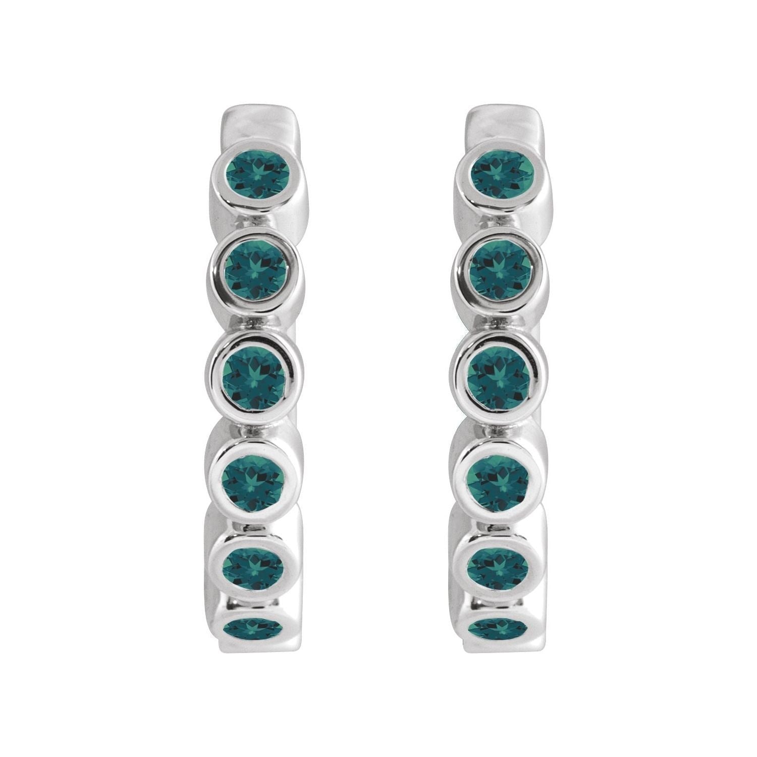 Sapphire Row Lab-Grown Gemstone Bezel Huggie Earrings - Alexandrite, 14K White Gold, 15 mm (view 2)