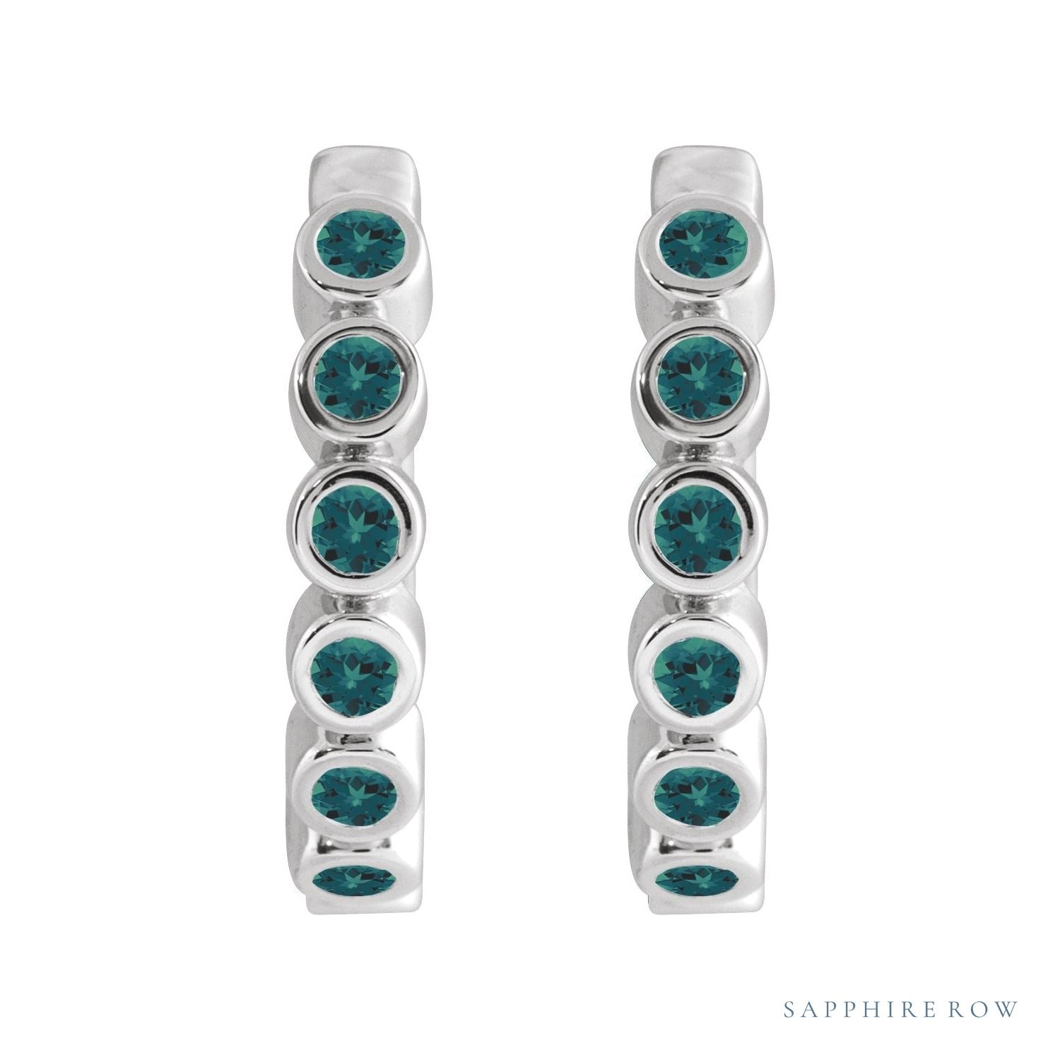 Sapphire Row Lab-Grown Gemstone Bezel Huggie Earrings - Alexandrite, 14K White Gold, 15 mm (view 2)