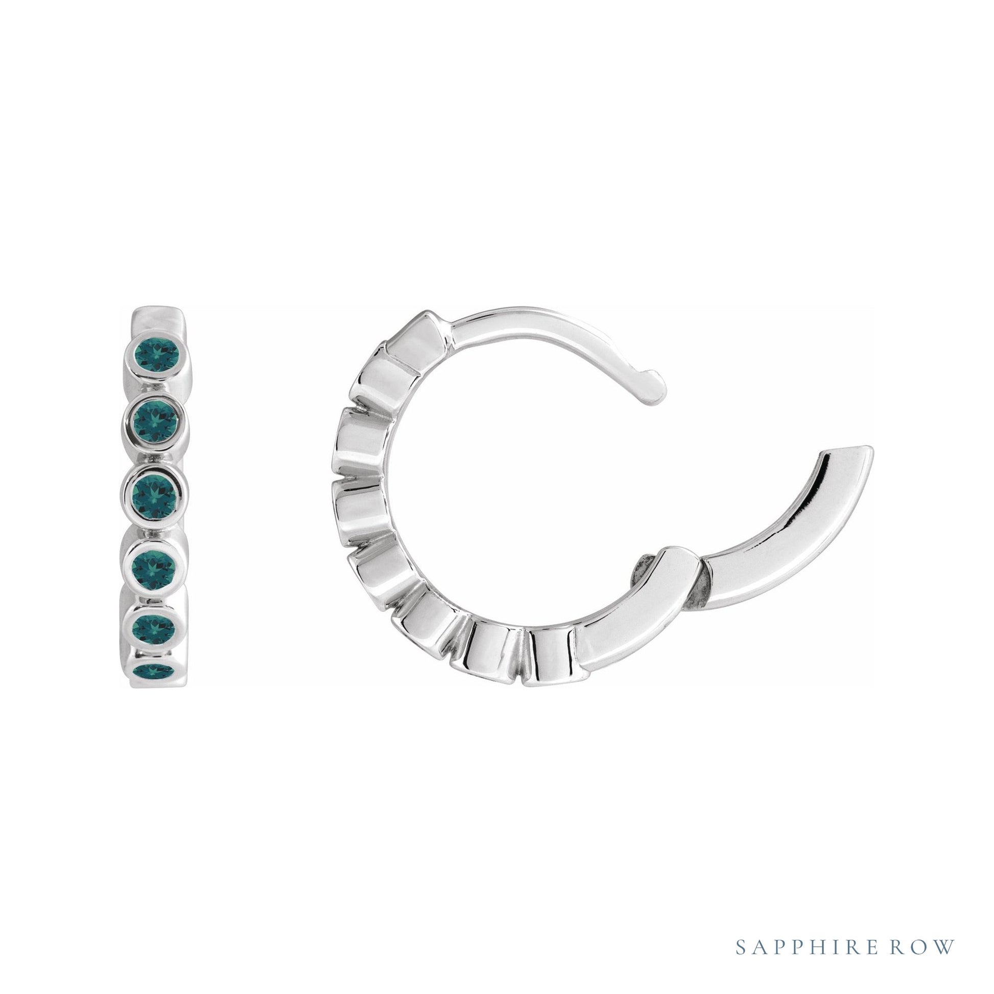 Sapphire Row Lab-Grown Gemstone Bezel Huggie Earrings - Alexandrite, 14K White Gold, 15 mm (view 3)