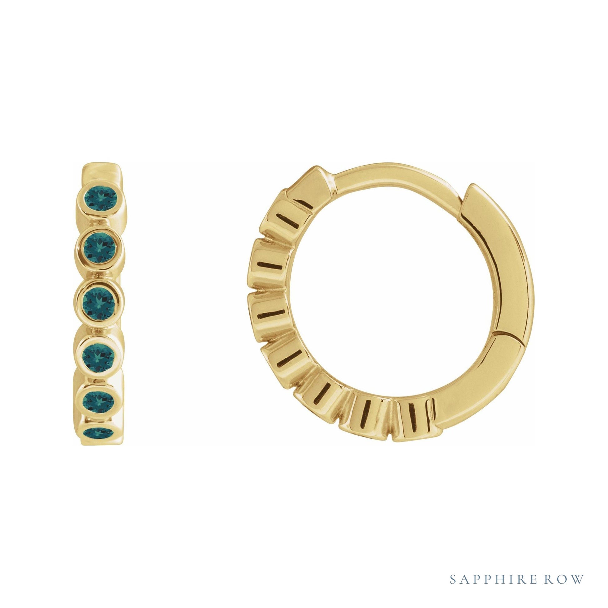 Sapphire Row Lab-Grown Gemstone Bezel Huggie Earrings - Emerald, 14K Yellow Gold, 18 mm