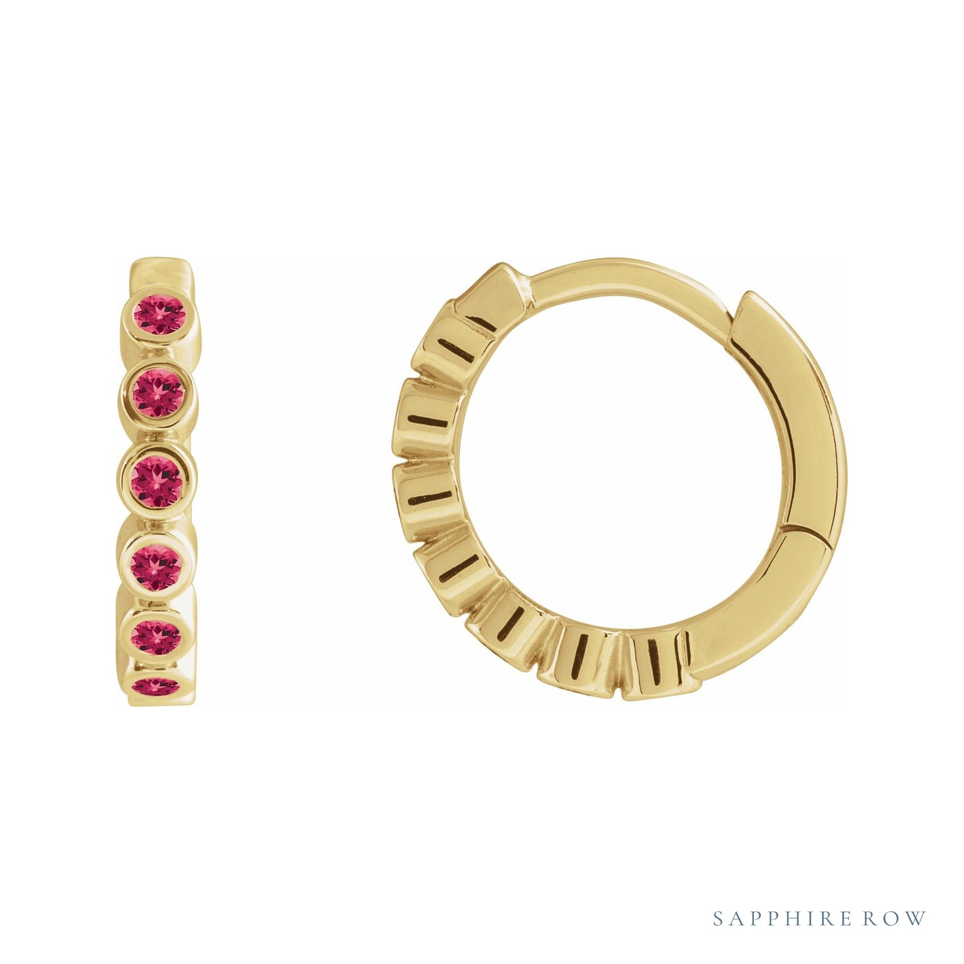Sapphire Row Lab-Grown Gemstone Bezel Huggie Earrings - Ruby, 14K Yellow Gold, 15 mm