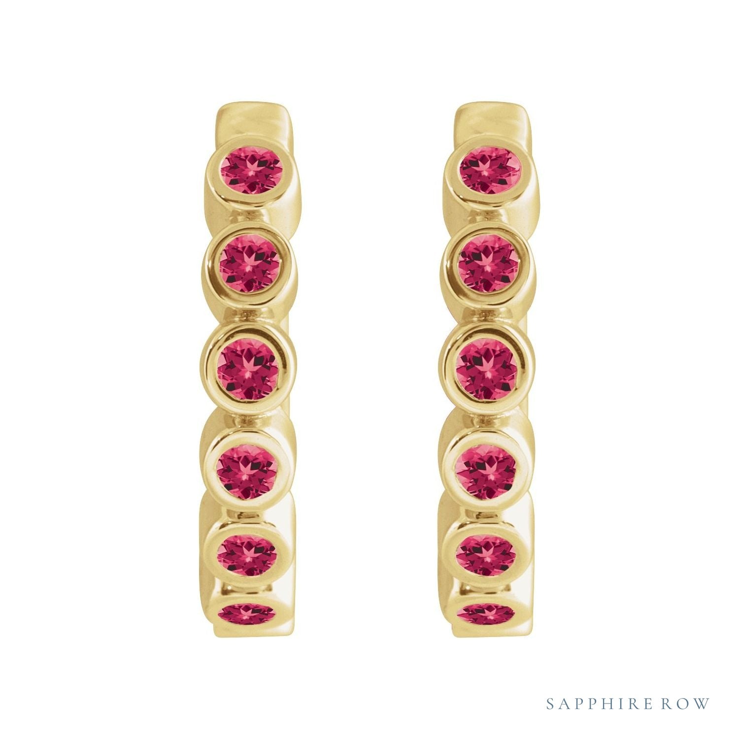 Sapphire Row Lab-Grown Gemstone Bezel Huggie Earrings - Ruby, 14K Yellow Gold, 15 mm (view 2)