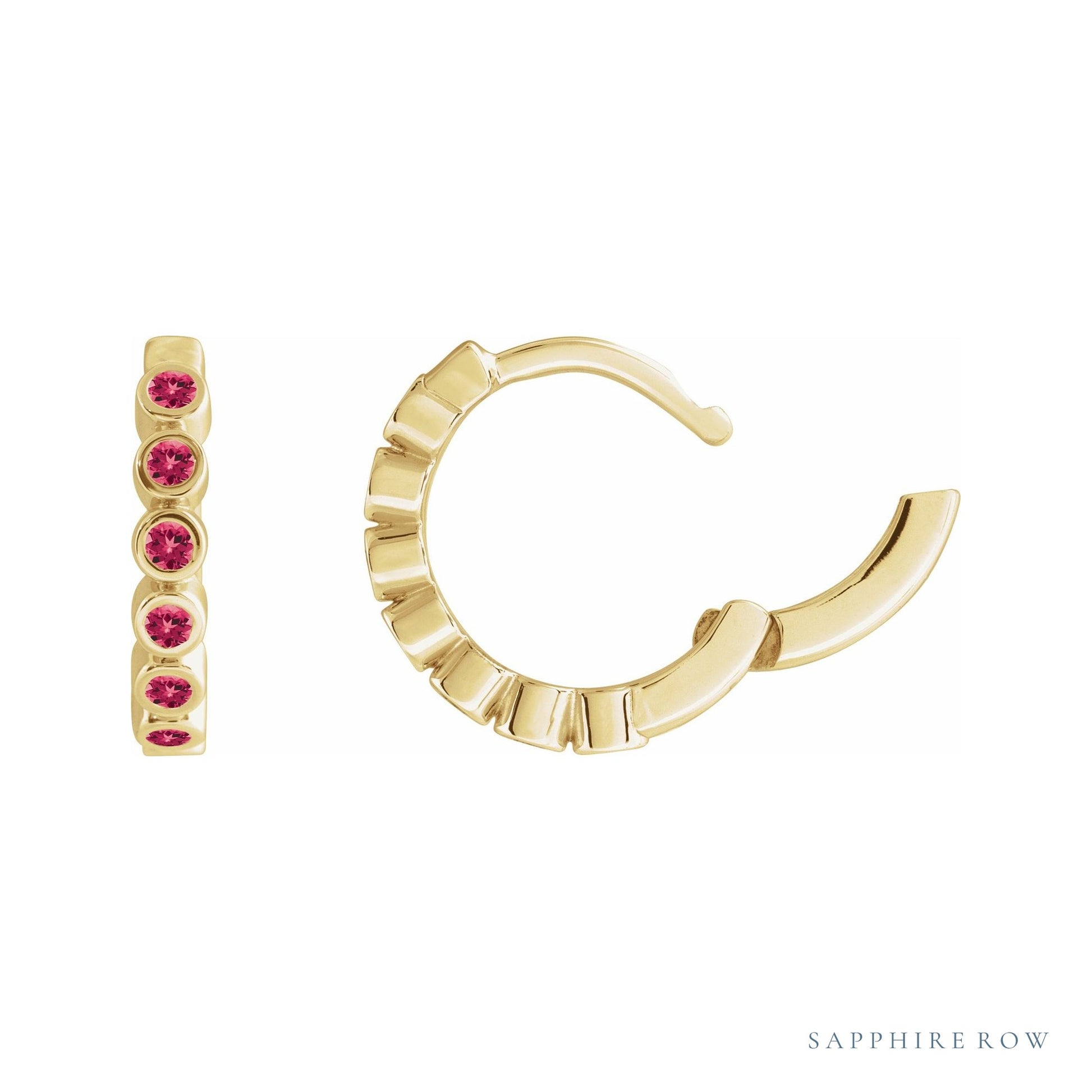 Sapphire Row Lab-Grown Gemstone Bezel Huggie Earrings - Ruby, 14K Yellow Gold, 15 mm (view 3)