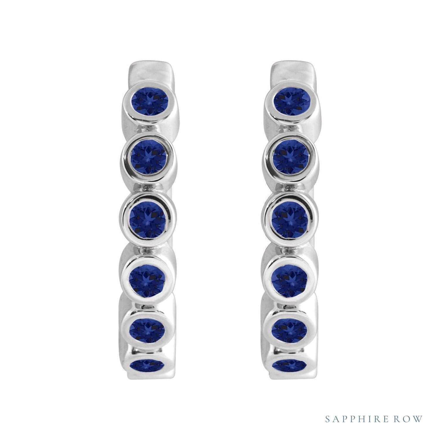 Sapphire Row Lab-Grown Gemstone Bezel Huggie Earrings - Blue Sapphire, Platinum, 15 mm (view 2)