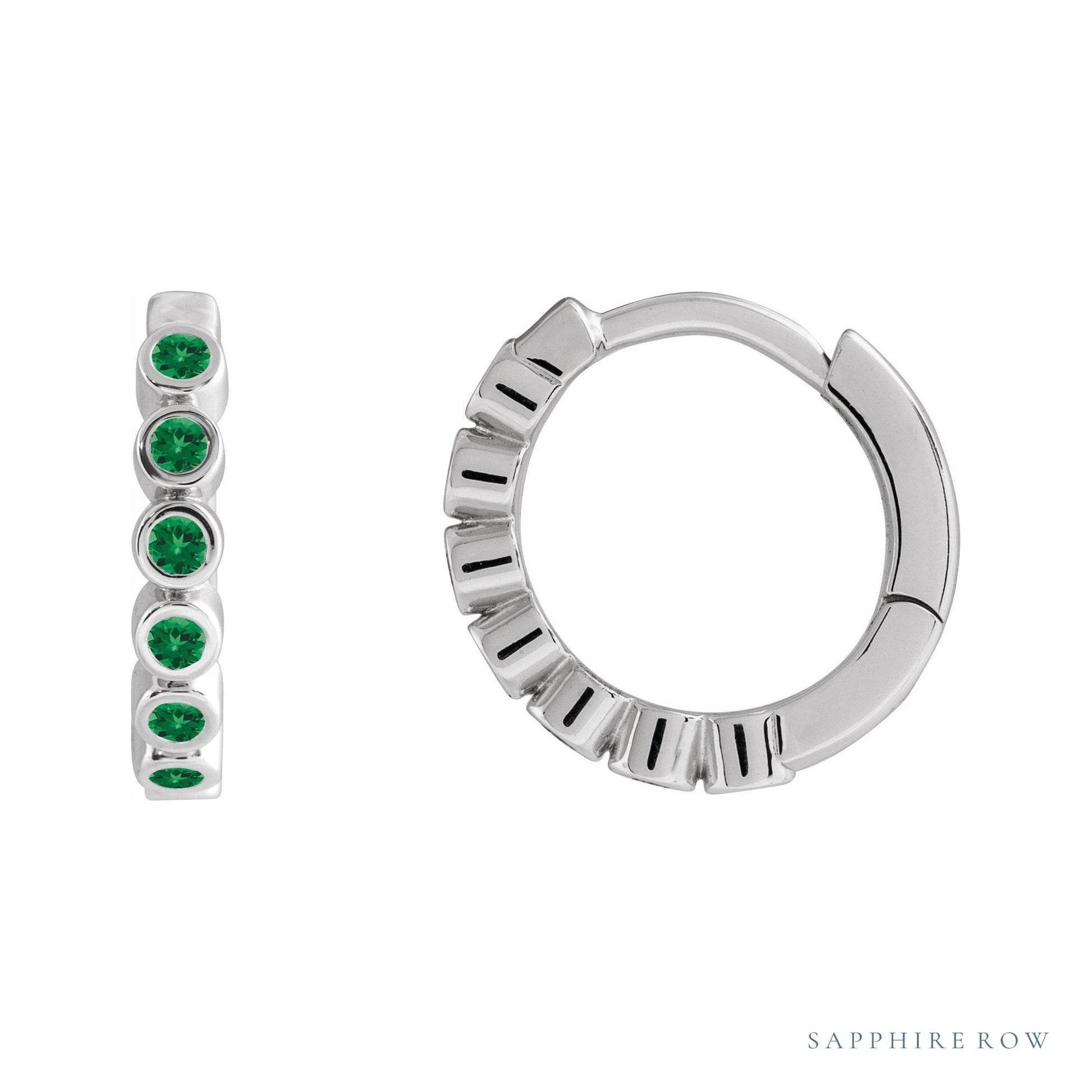 Sapphire Row Lab-Grown Gemstone Bezel Huggie Earrings - Emerald, 14K White Gold, 15 mm