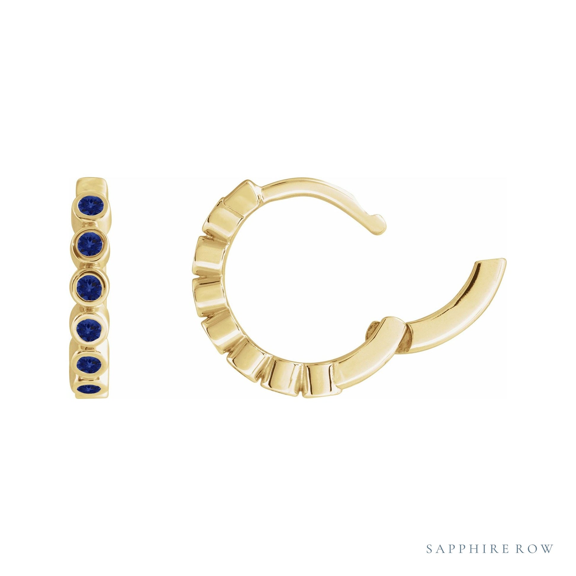 Sapphire Row Lab-Grown Gemstone Bezel Huggie Earrings - Blue Sapphire, 14K Yellow Gold, 15 mm (view 3)
