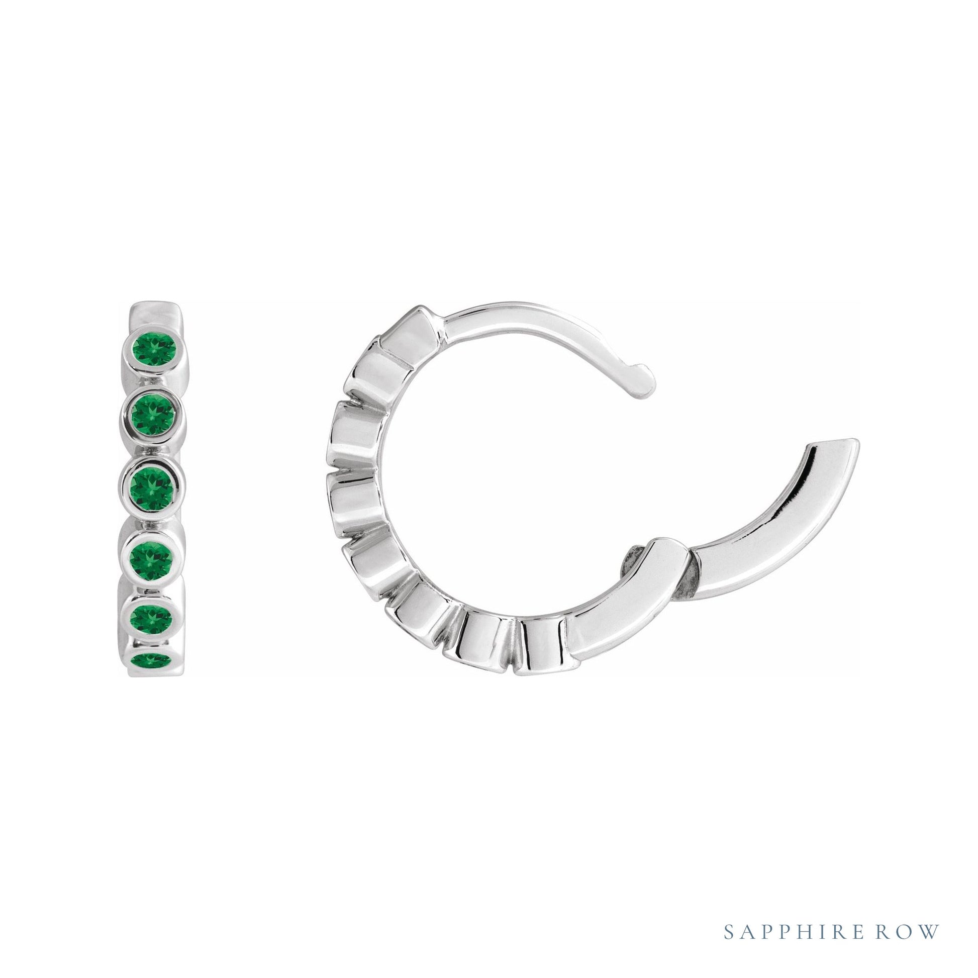 Sapphire Row Lab-Grown Gemstone Bezel Huggie Earrings - Emerald, Platinum, 15 mm (view 3)