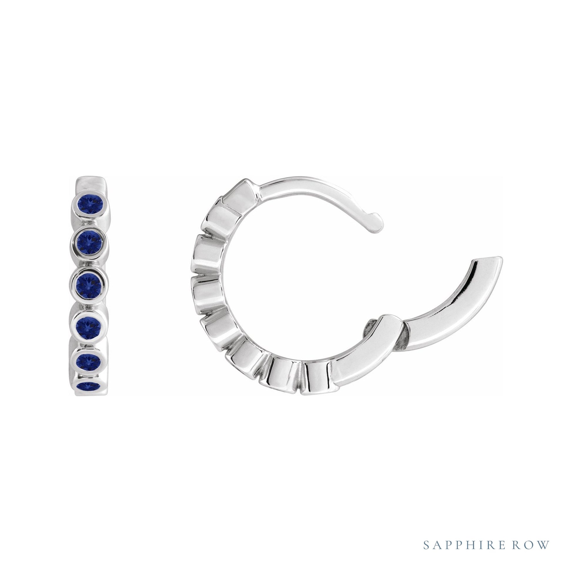 Sapphire Row Lab-Grown Gemstone Bezel Huggie Earrings - Blue Sapphire, 14K White Gold, 15 mm (view 3)