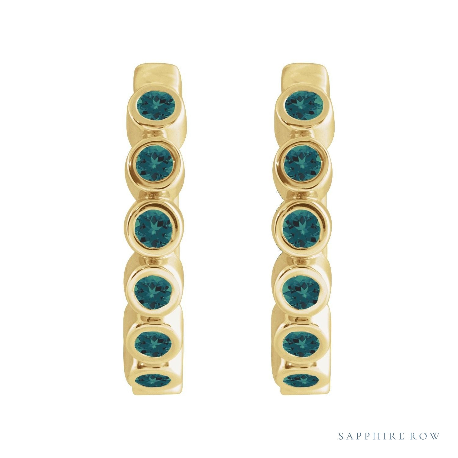 Sapphire Row Lab-Grown Gemstone Bezel Huggie Earrings - Alexandrite, 14K Yellow Gold, 15 mm (view 2)