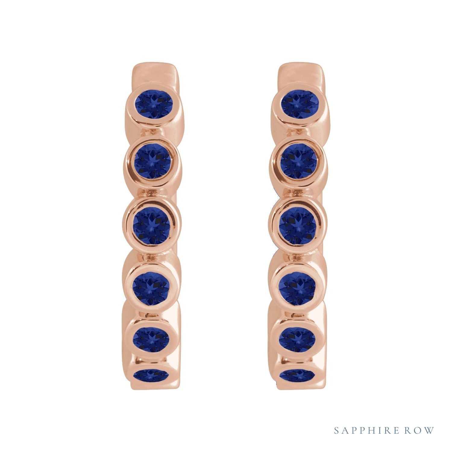 Sapphire Row Lab-Grown Gemstone Bezel Huggie Earrings - Blue Sapphire, 14K Rose Gold, 15 mm (view 2)
