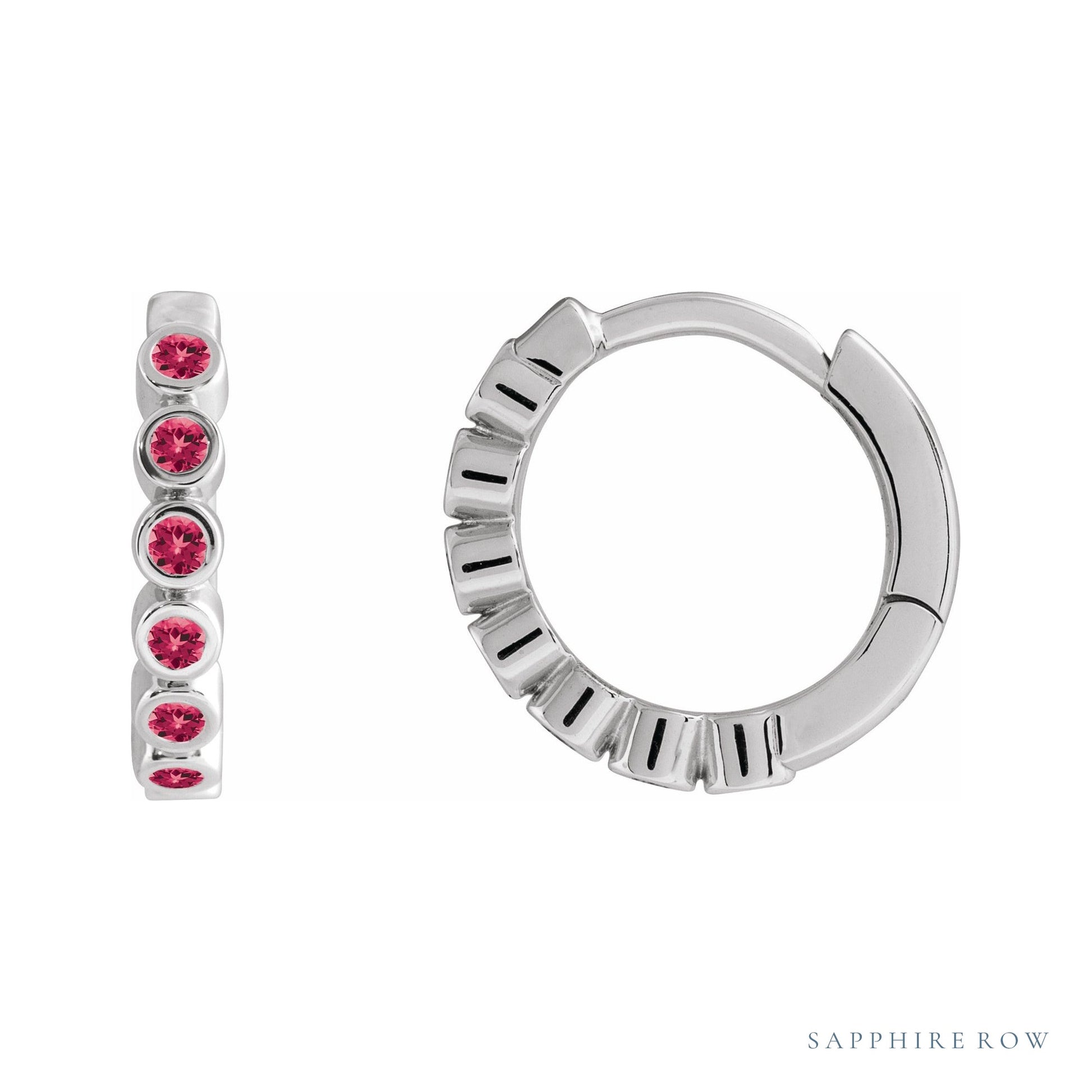 Sapphire Row Lab-Grown Gemstone Bezel Huggie Earrings - Ruby, 14K White Gold, 15 mm