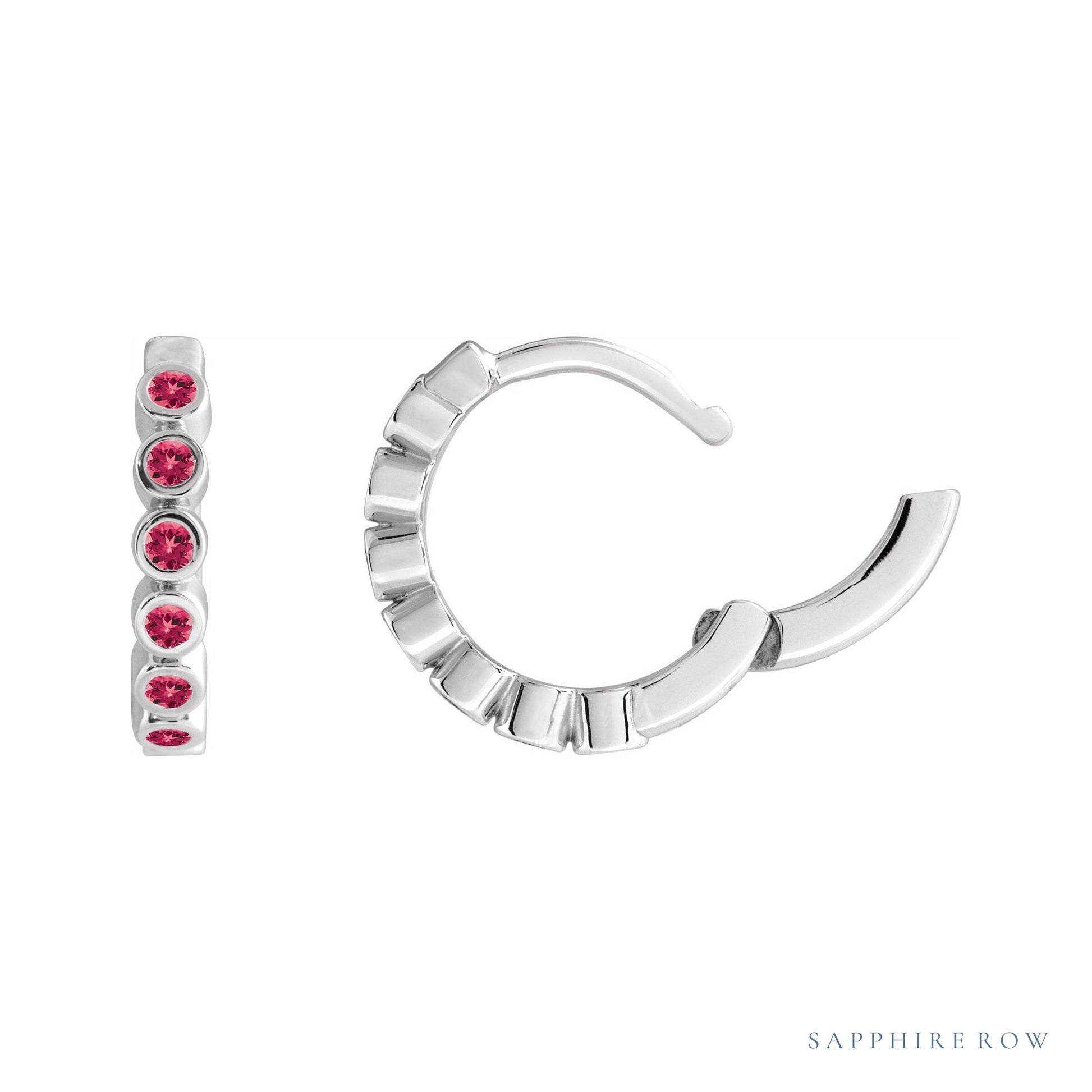 Sapphire Row Lab-Grown Gemstone Bezel Huggie Earrings - Ruby, 14K White Gold, 15 mm (view 3)