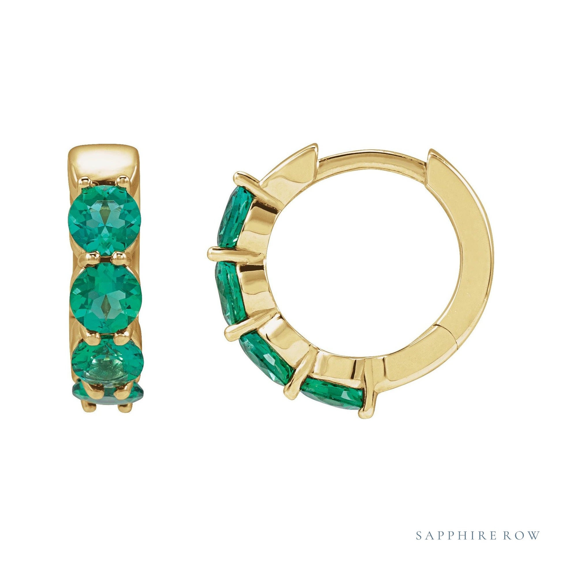 Sapphire Row Lab-Grown Gemstone Round Huggie Earrings - Emerald, 14K Yellow Gold