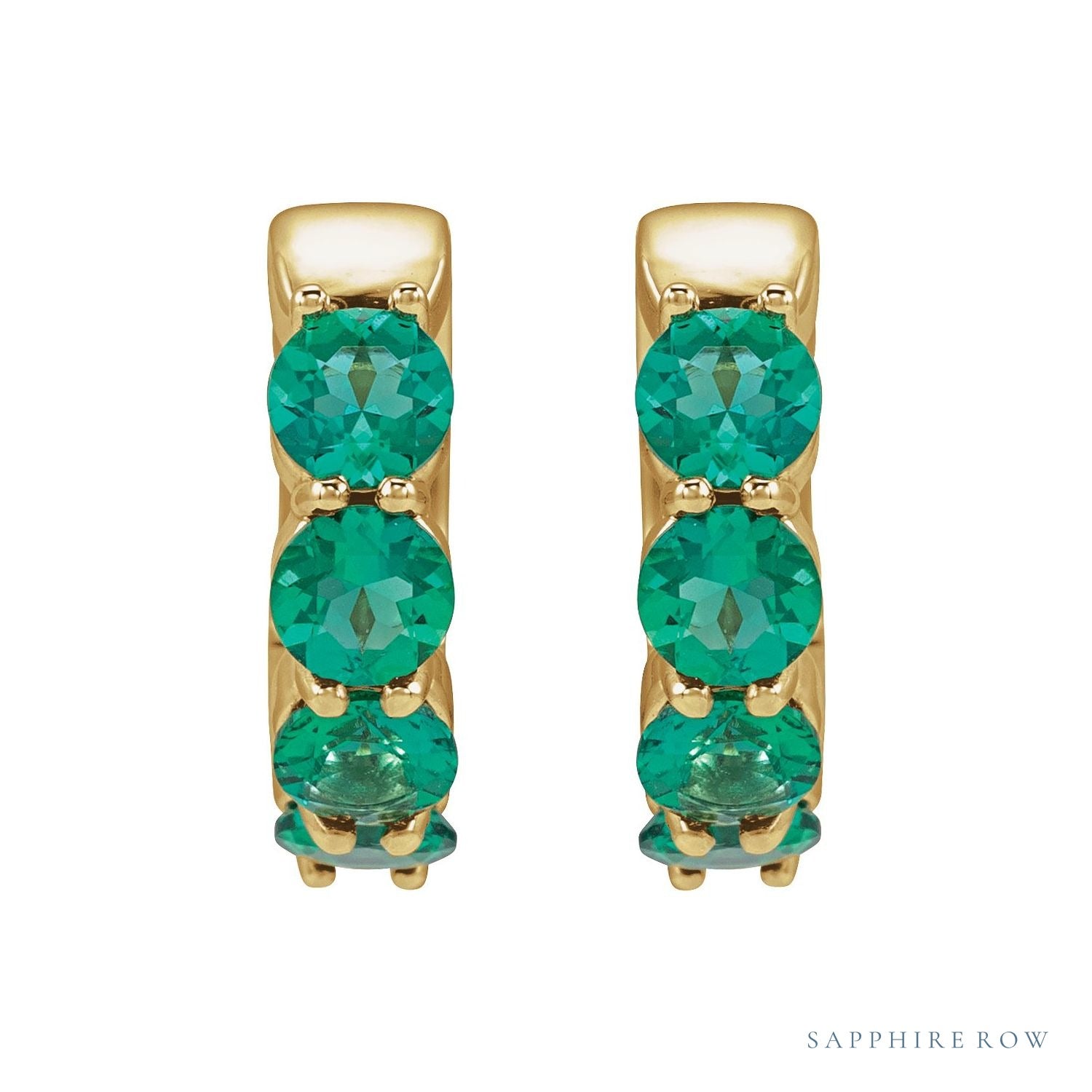 Sapphire Row Lab-Grown Gemstone Round Huggie Earrings - Emerald, 14K Yellow Gold (view 2)