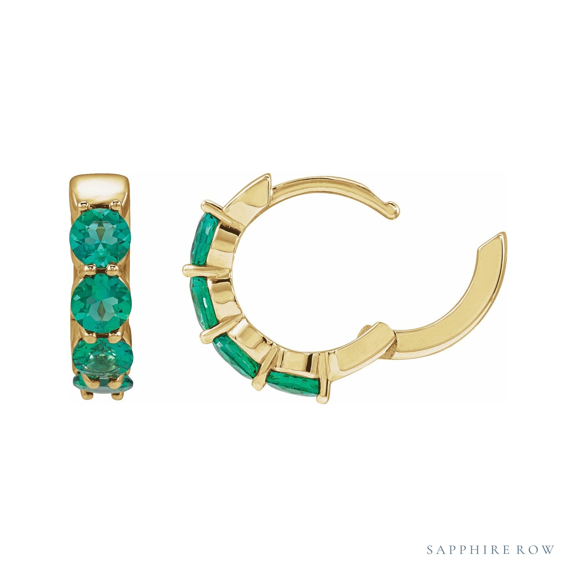 Sapphire Row Lab-Grown Gemstone Round Huggie Earrings - Emerald, 14K Yellow Gold (view 3)