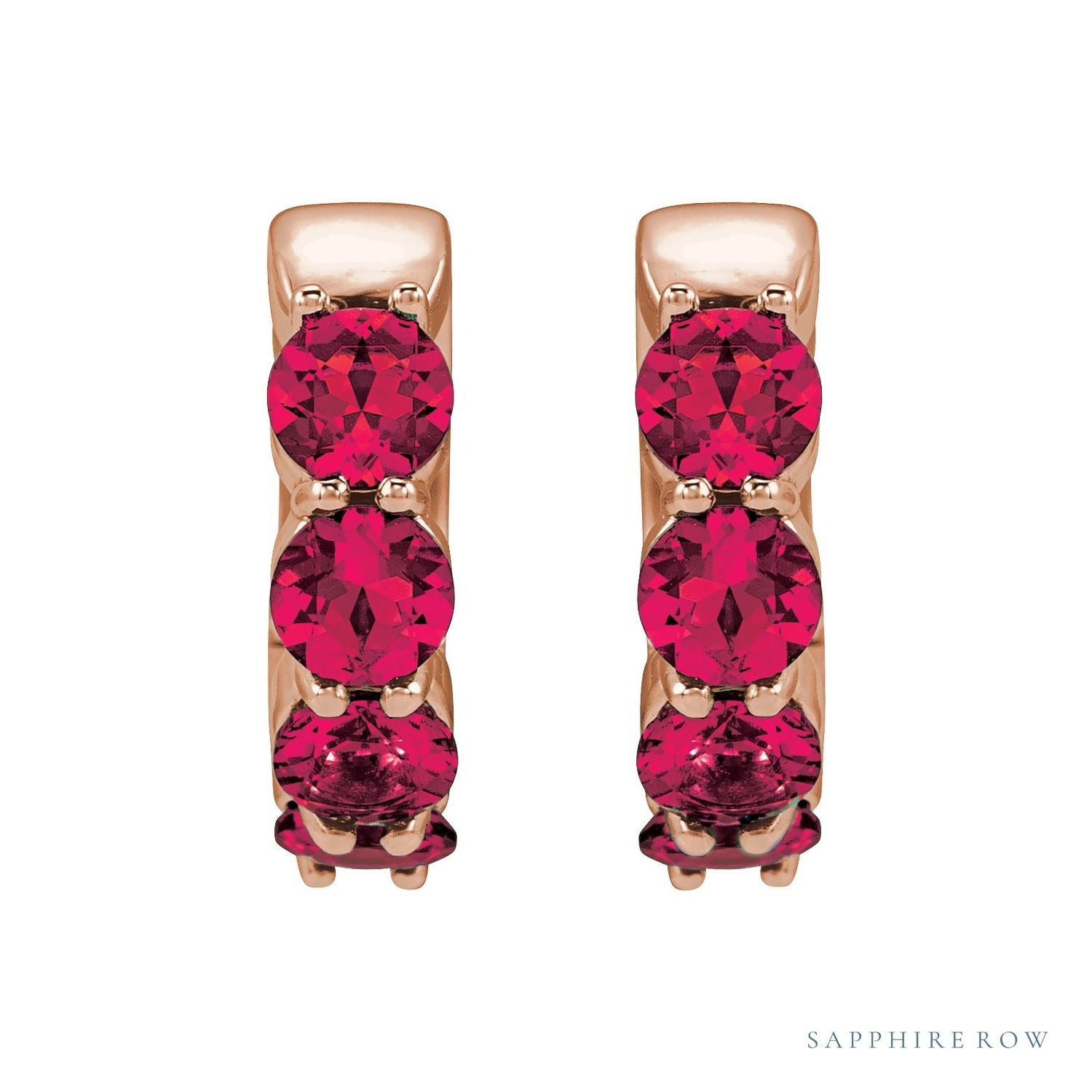 Sapphire Row Lab-Grown Gemstone Round Huggie Earrings - Ruby, 14K Rose Gold (view 2)