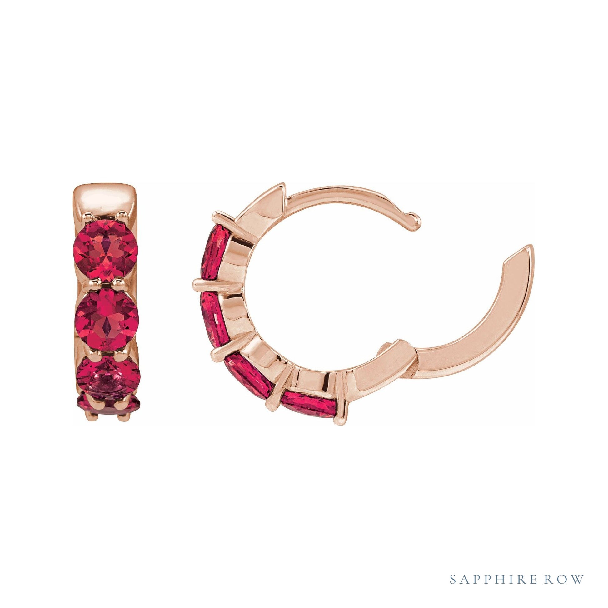 Sapphire Row Lab-Grown Gemstone Round Huggie Earrings - Ruby, 14K Rose Gold (view 3)