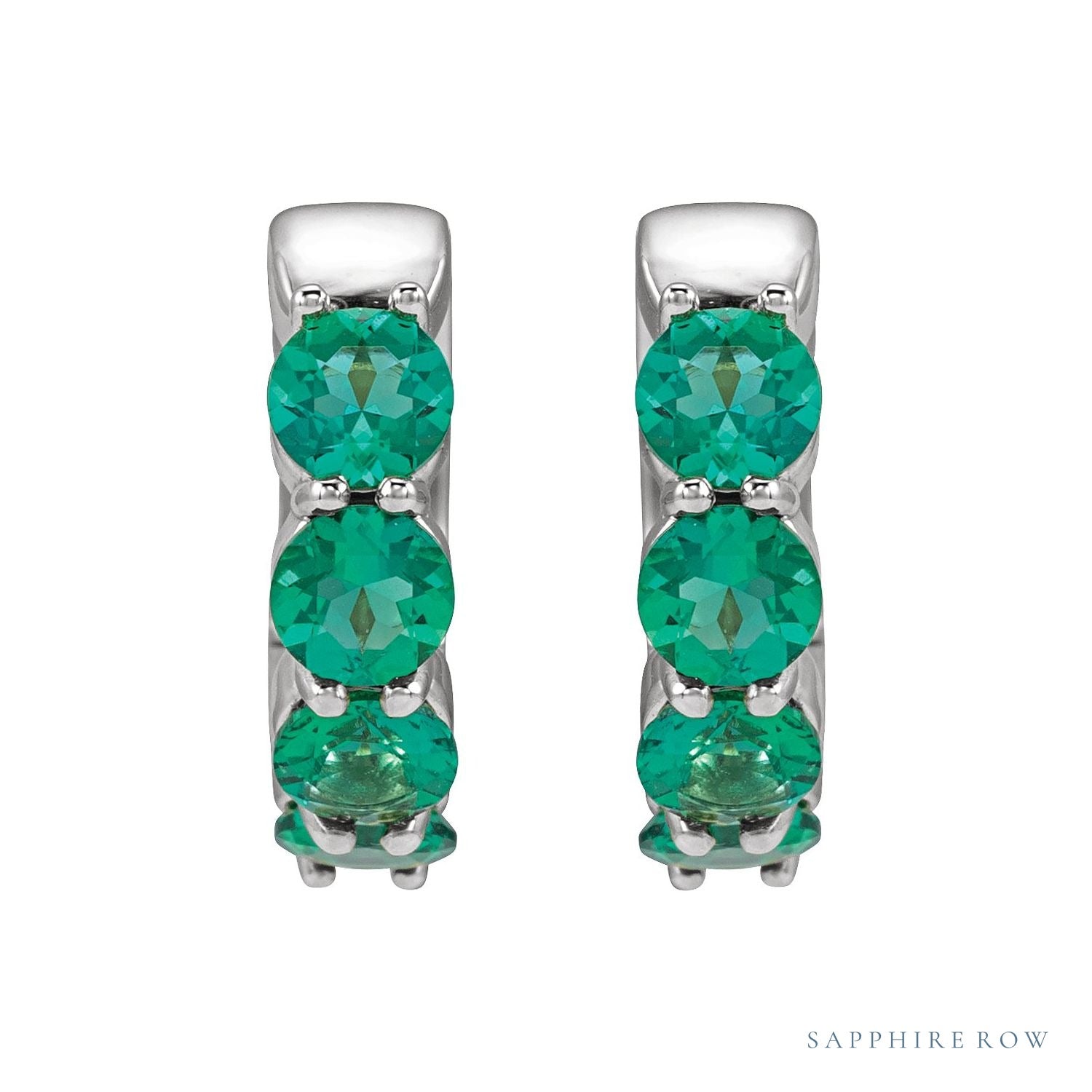 Sapphire Row Lab-Grown Gemstone Round Huggie Earrings - Emerald, 14K White Gold (view 2)