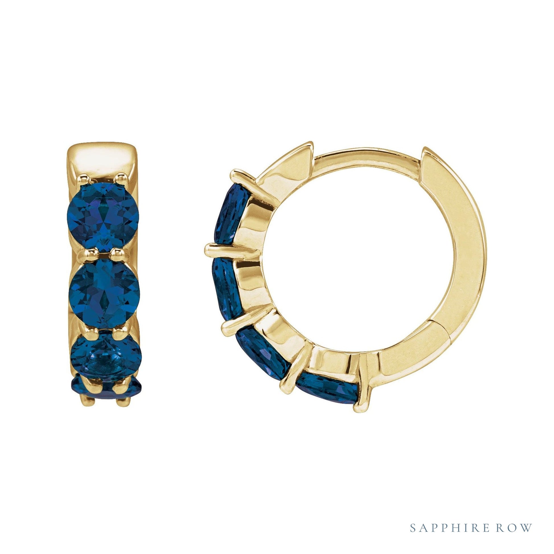 Sapphire Row Lab-Grown Gemstone Round Huggie Earrings - Blue Sapphire, 14K Yellow Gold