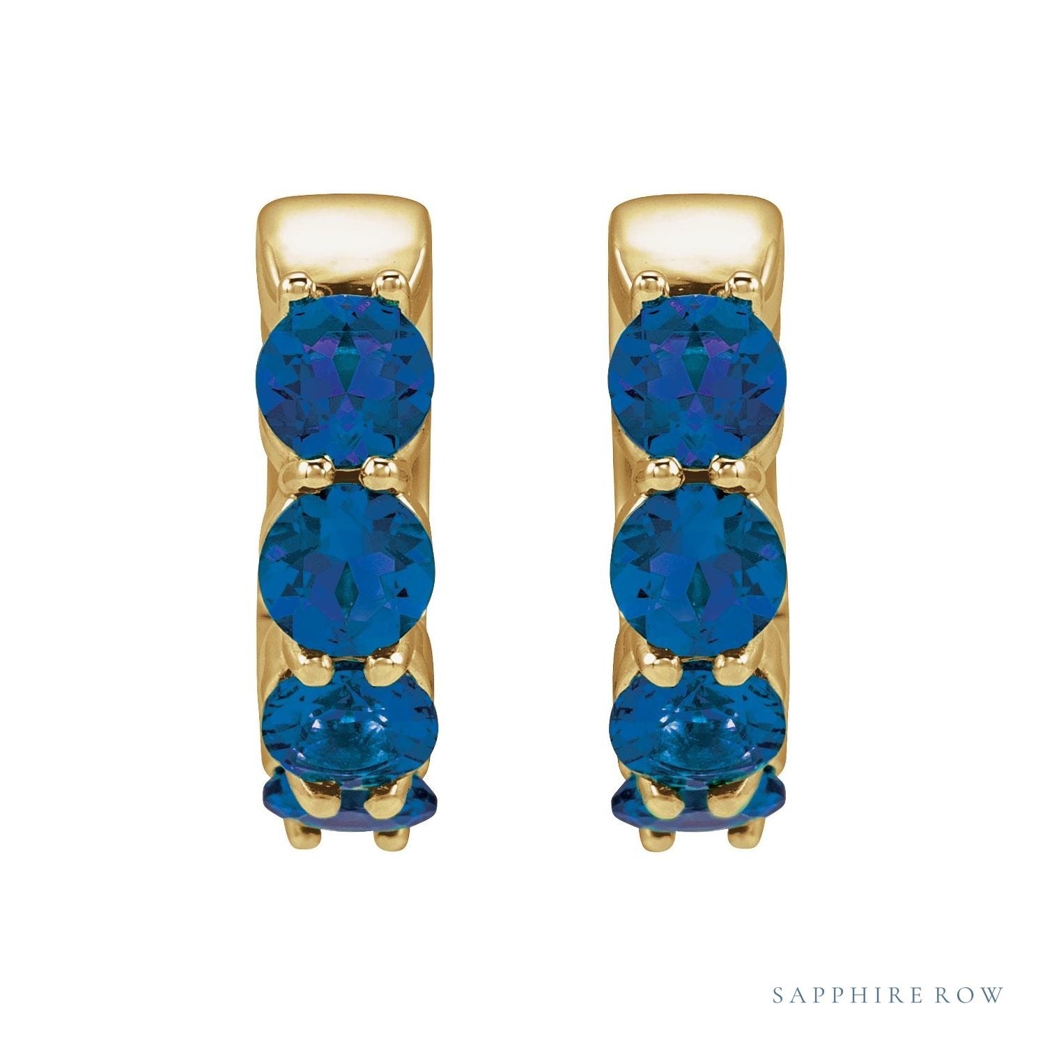 Sapphire Row Lab-Grown Gemstone Round Huggie Earrings - Blue Sapphire, 14K Yellow Gold (view 2)