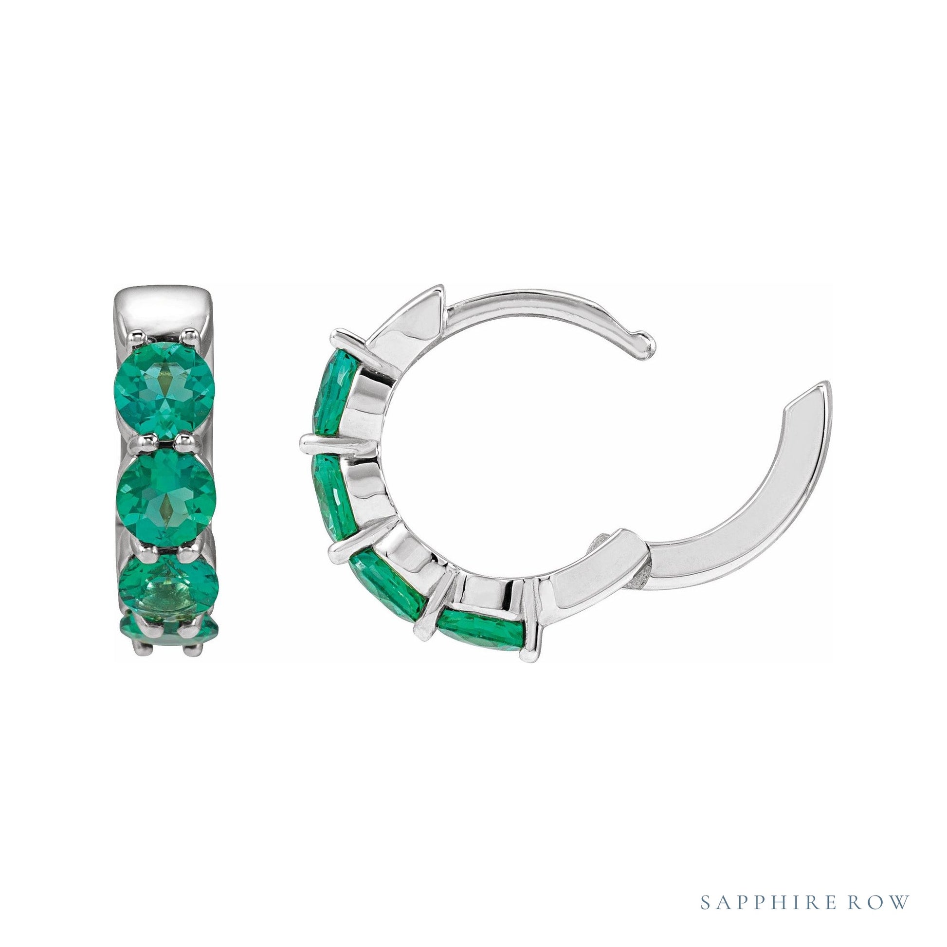 Sapphire Row Lab-Grown Gemstone Round Huggie Earrings - Emerald, Platinum (view 3)