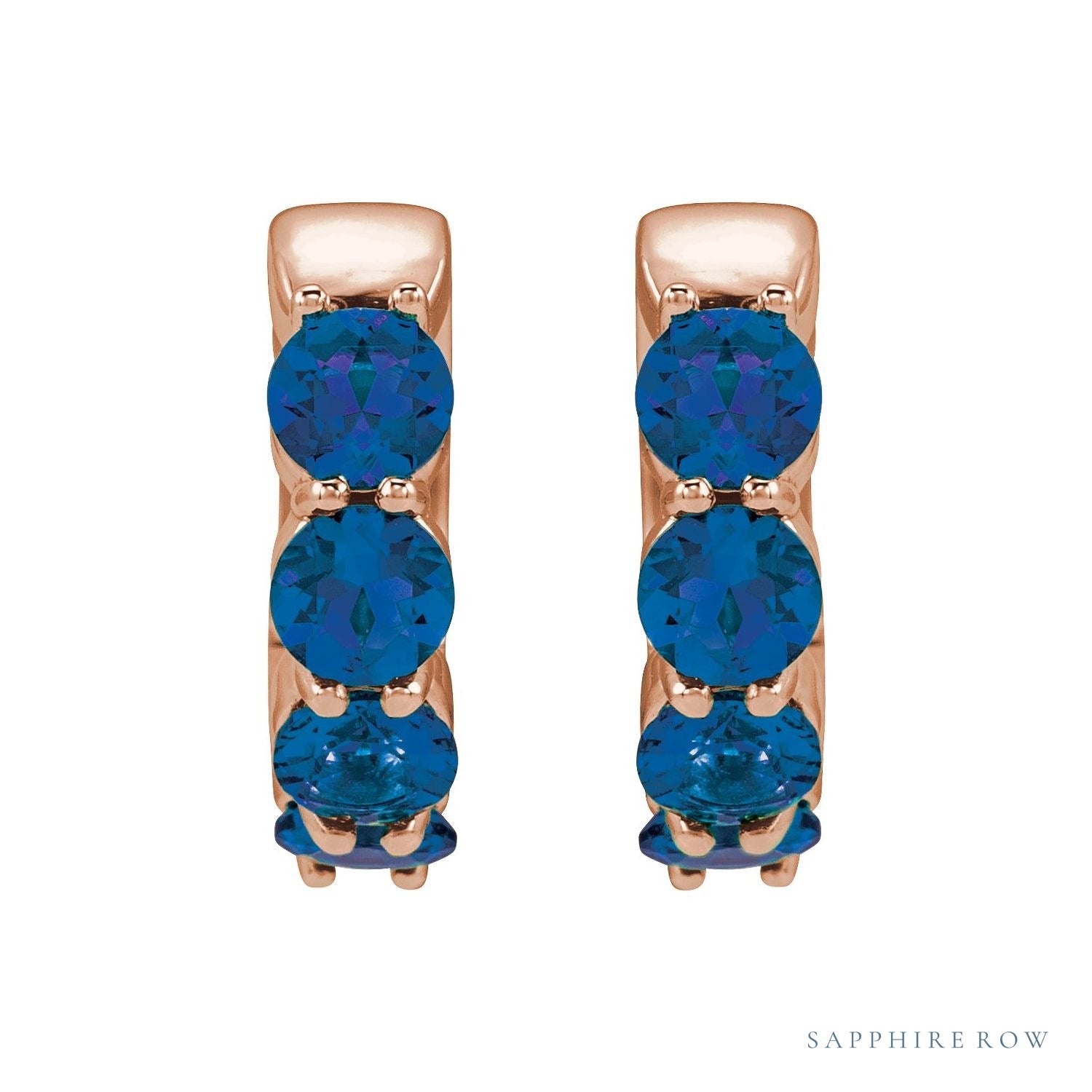 Sapphire Row Lab-Grown Gemstone Round Huggie Earrings - Blue Sapphire, 14K Rose Gold (view 2)