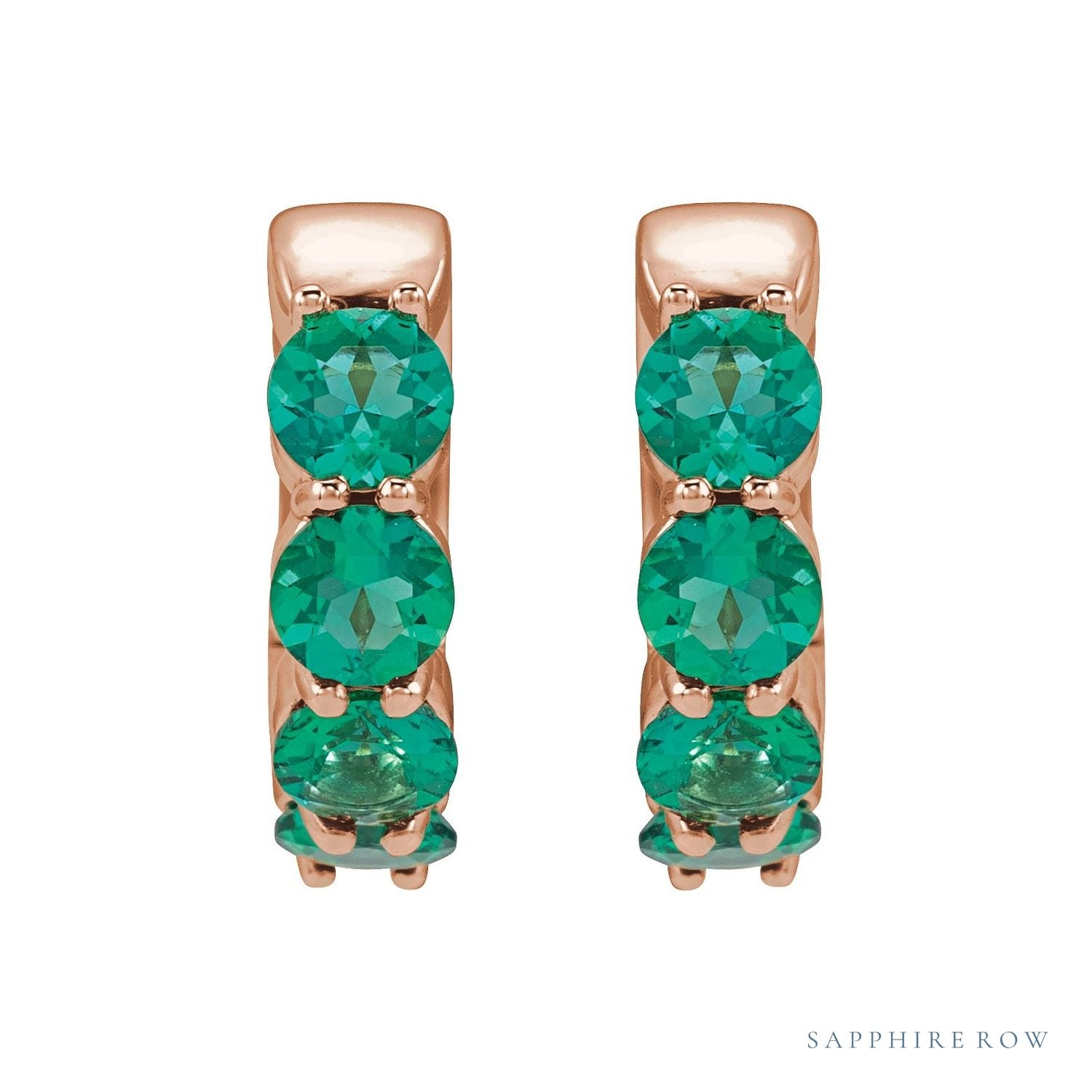 Sapphire Row Lab-Grown Gemstone Round Huggie Earrings - Emerald, 14K Rose Gold (view 2)