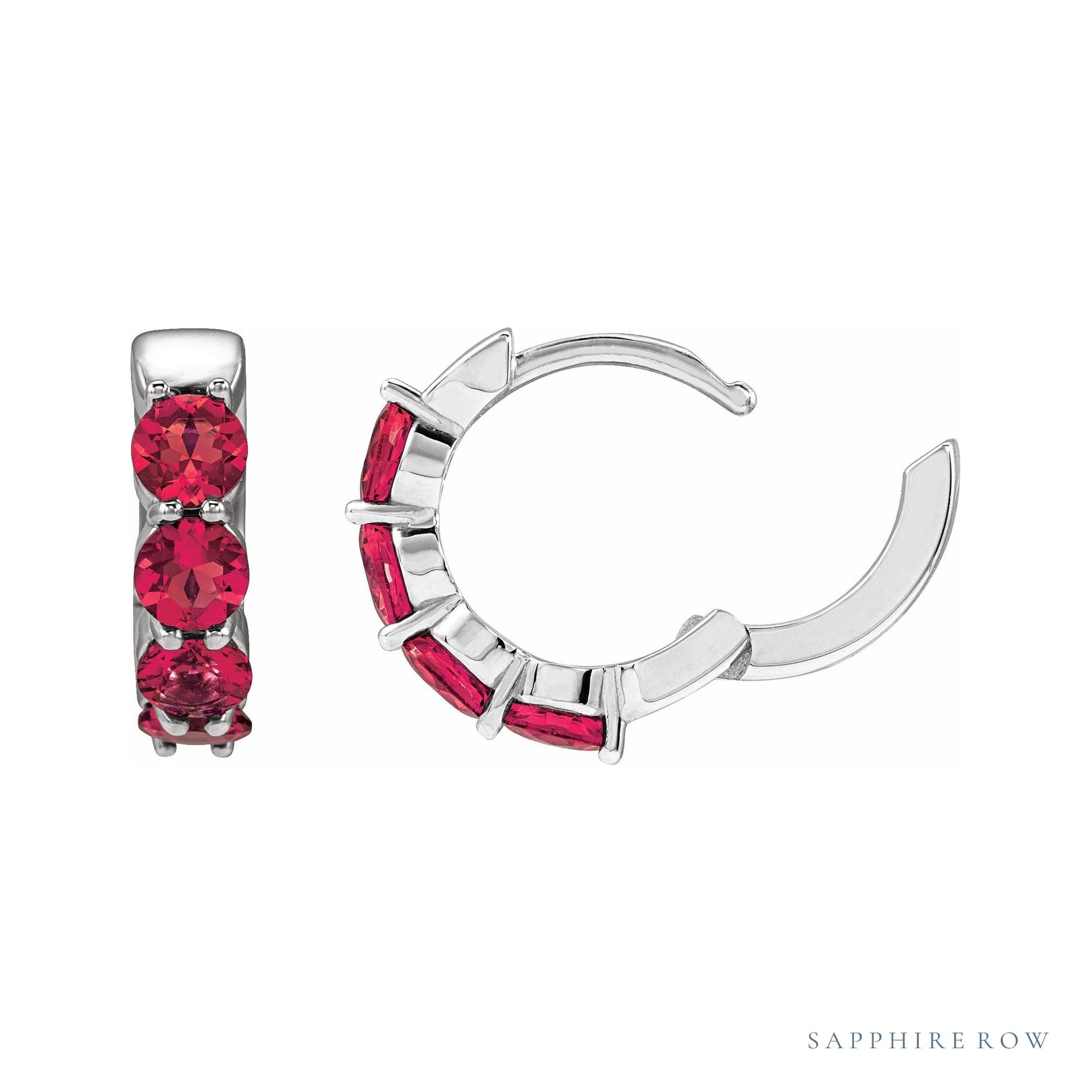 Sapphire Row Lab-Grown Gemstone Round Huggie Earrings - Ruby, 14K White Gold (view 3)