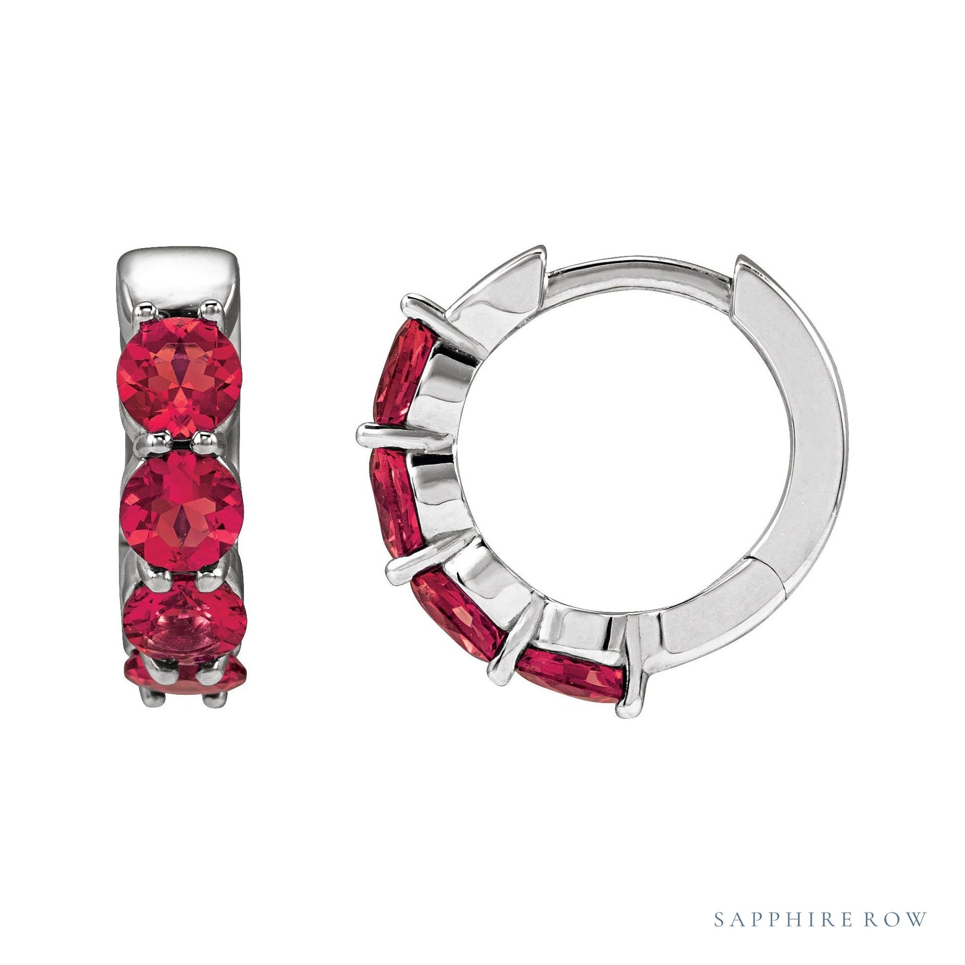 Sapphire Row Lab-Grown Gemstone Round Huggie Earrings - Ruby, Platinum