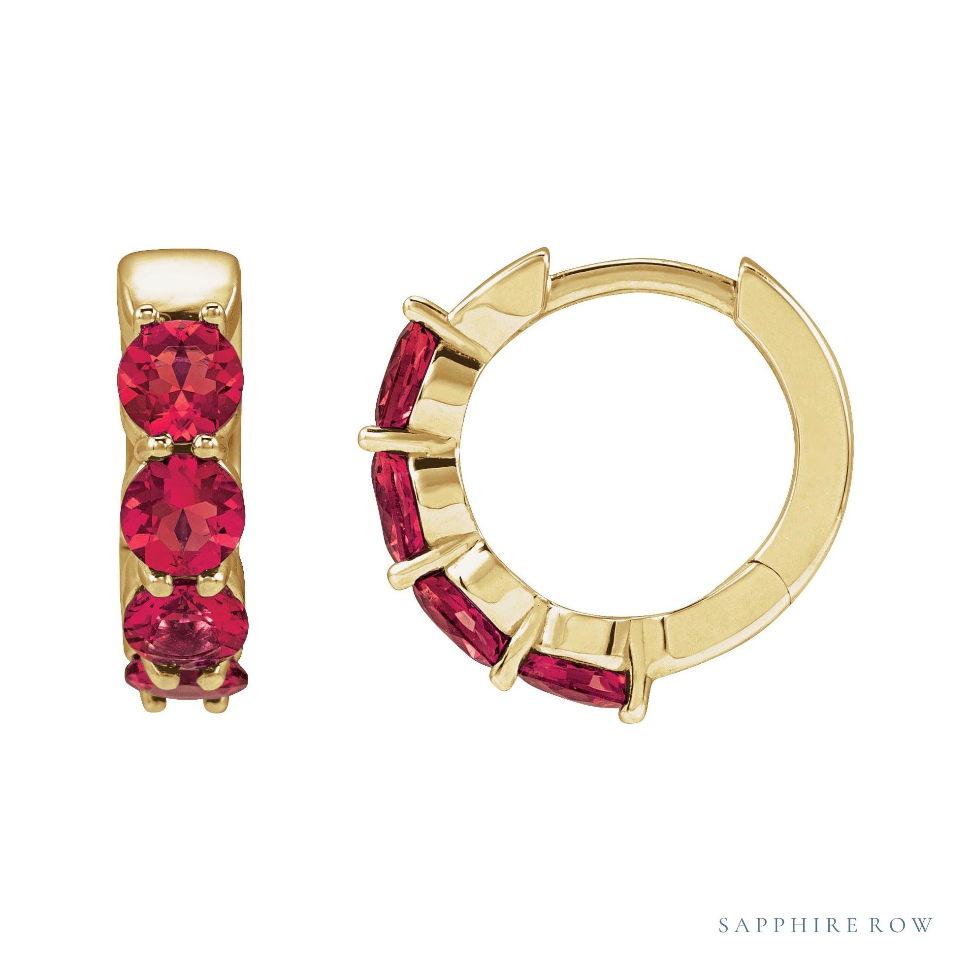 Sapphire Row Lab-Grown Gemstone Round Huggie Earrings - Ruby, 14K Yellow Gold